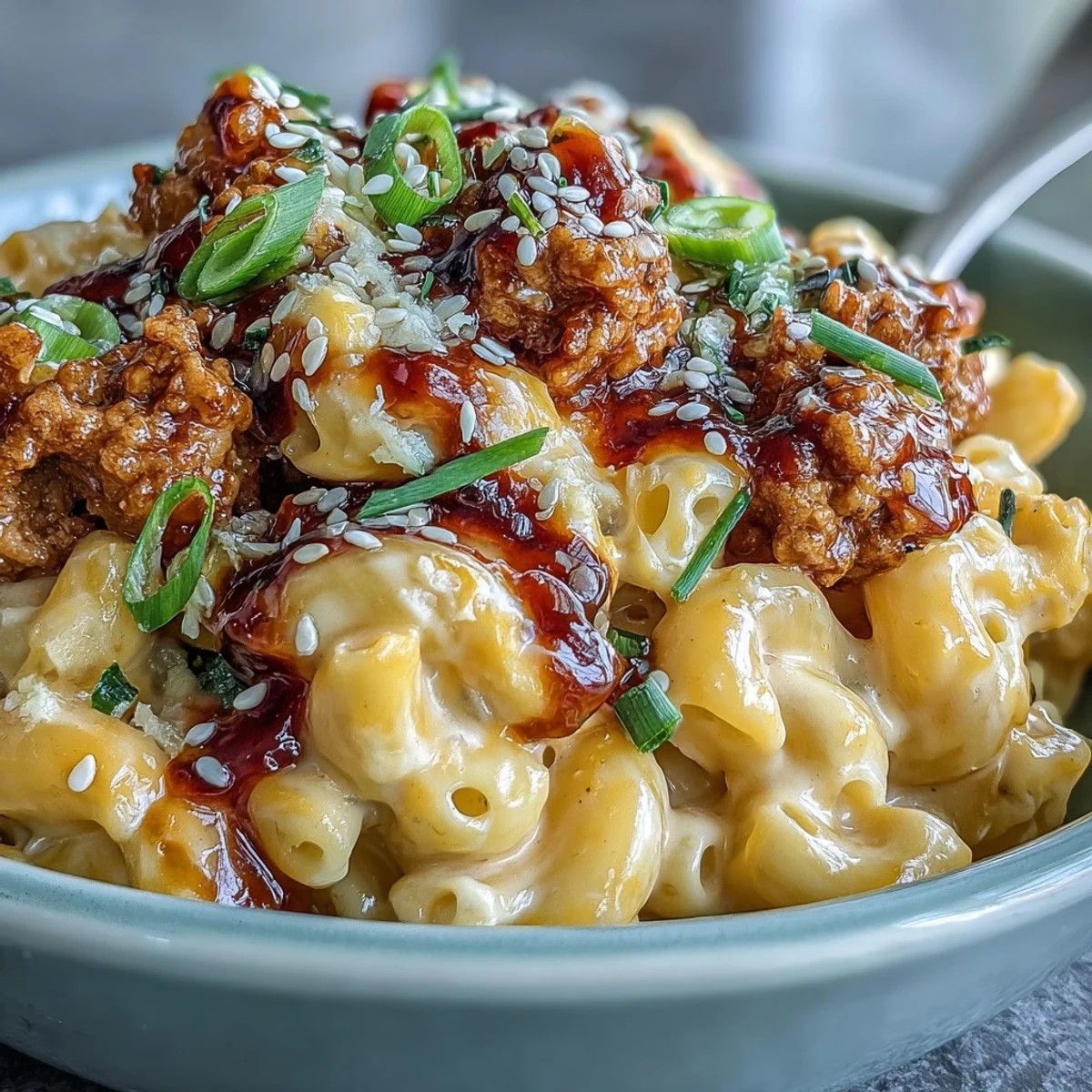Creamy Korean-Style Turkey Mac & Cheese topped with spicy ground turkey, gooey cheese, and fresh scallions. 