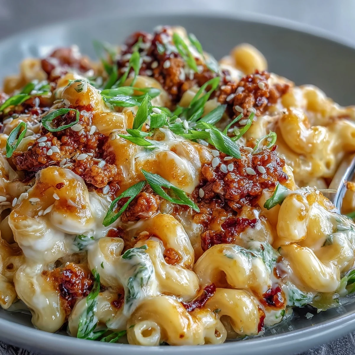 Close-up of Korean-Style Turkey Mac & Cheese garnished with sesame seeds, revealing rich cheese sauce and savory meat.