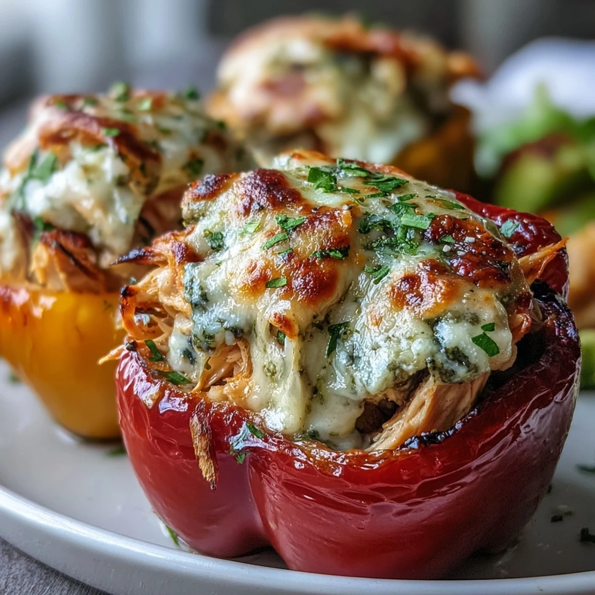Appetizer platter of Pesto Chicken Stuffed Sweet Peppers garnished with fresh basil and Parmesan.
