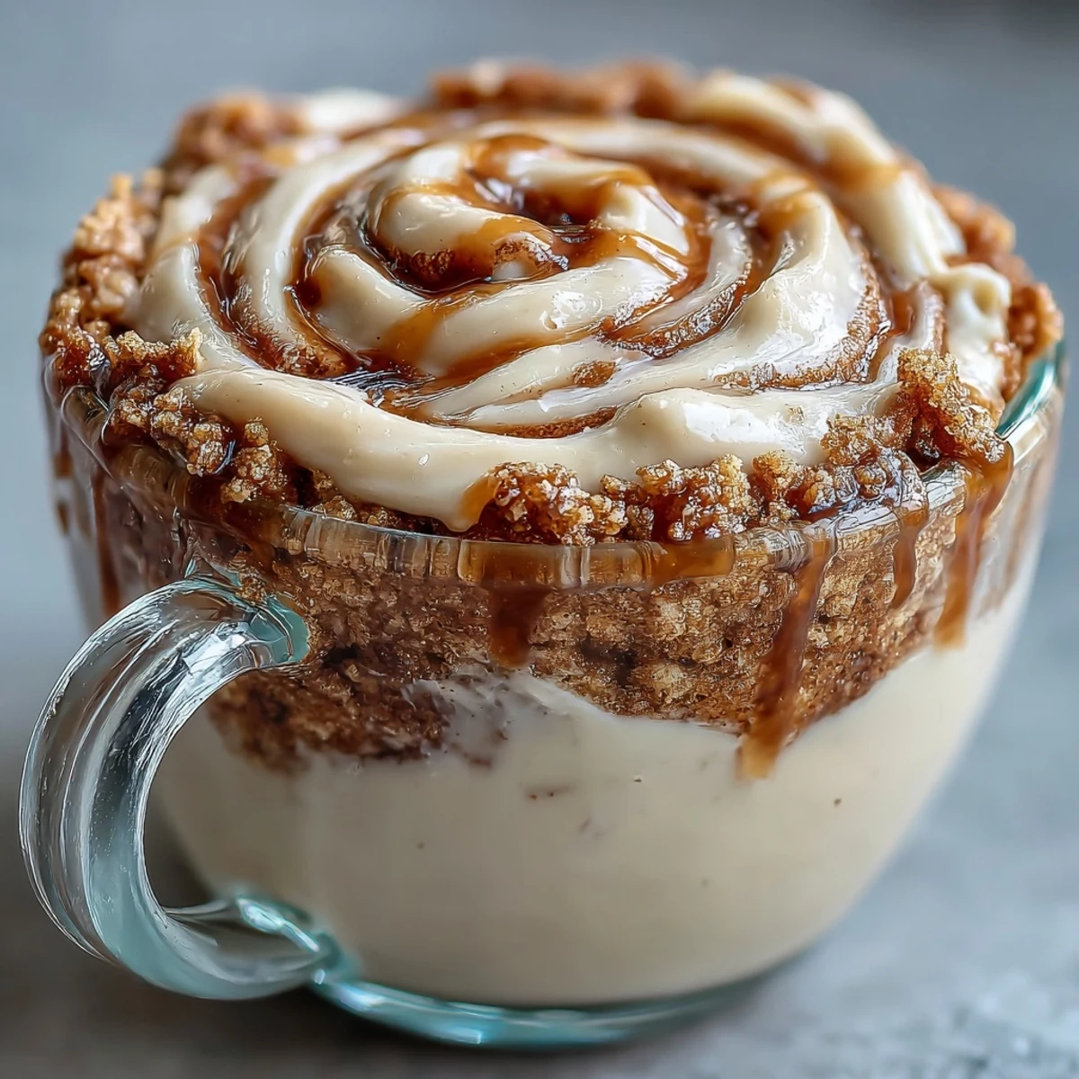 A warm serving of High-Protein Cinnamon Roll Mug Cake topped with a dollop of cream cheese frosting, perfect for a quick healthy breakfast.
