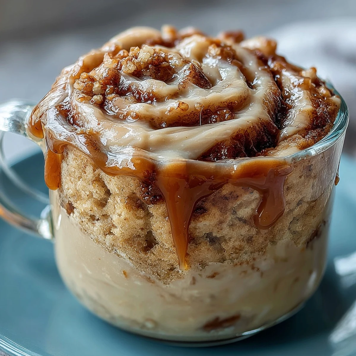Microwave-safe mug holding a High-Protein Cinnamon Roll Mug Cake, featuring a moist sponge, cinnamon-sugar swirl, and a smooth, rich cream cheese glaze.