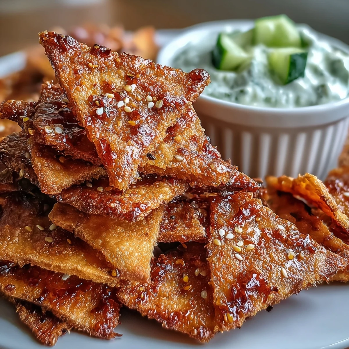 Perfectly crispy Spicy Chili Crisp Garlic Naan Chips are ready for dipping into a cool, creamy Asian-style cucumber bowl.