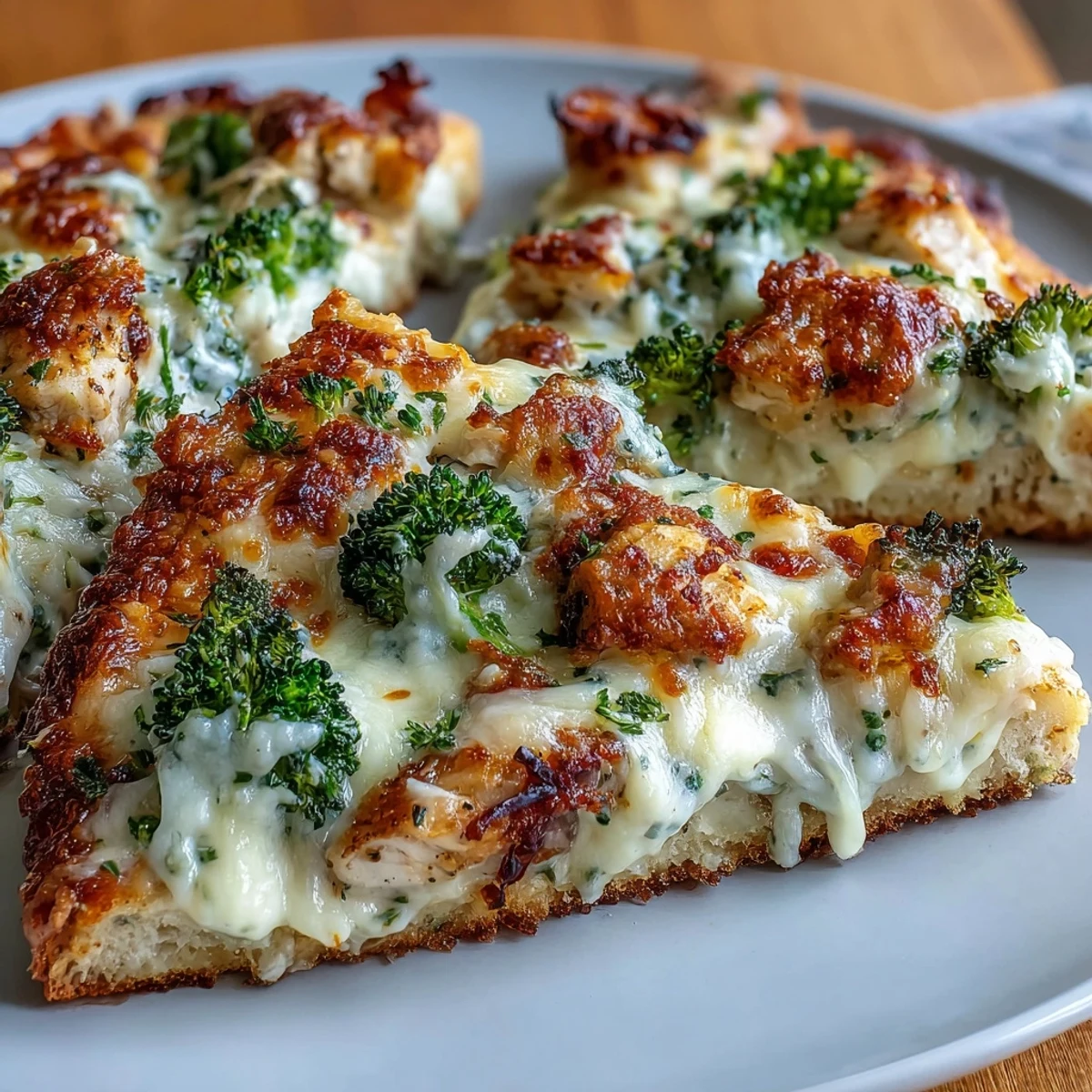 Golden, bubbly mozzarella melts over a thin-crust pizza topped with diced chicken and vibrant green broccoli florets.
