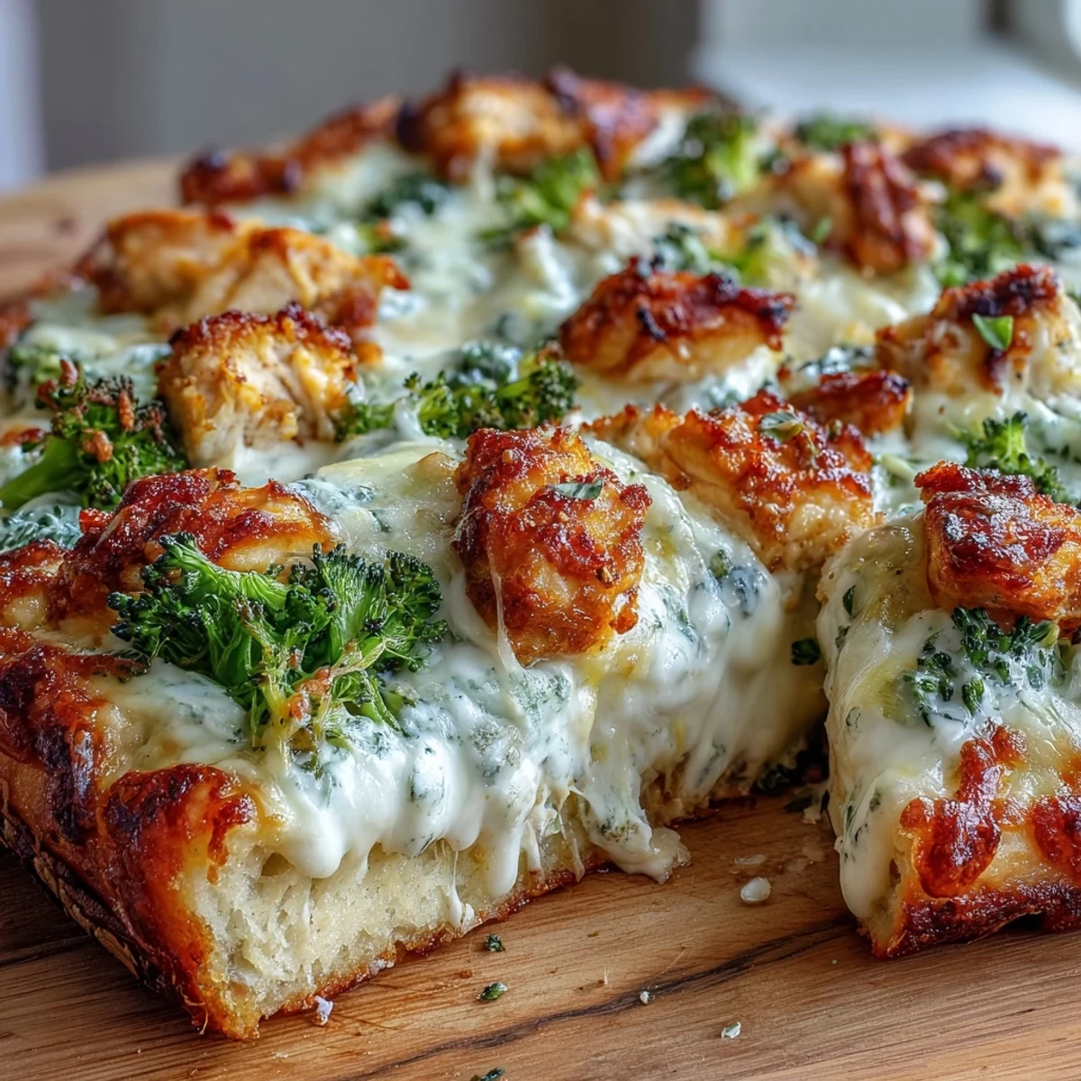 A creamy white sauce base is clearly visible under tender chicken pieces and crisp broccoli on this savory pie.