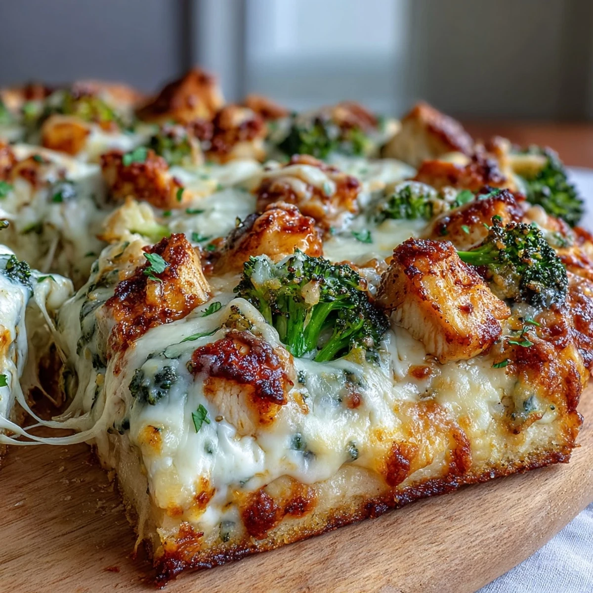 Fresh parsley garnishes a close-up slice of Garlic Parmesan Chicken & Broccoli Pizza ready to be served for dinner.