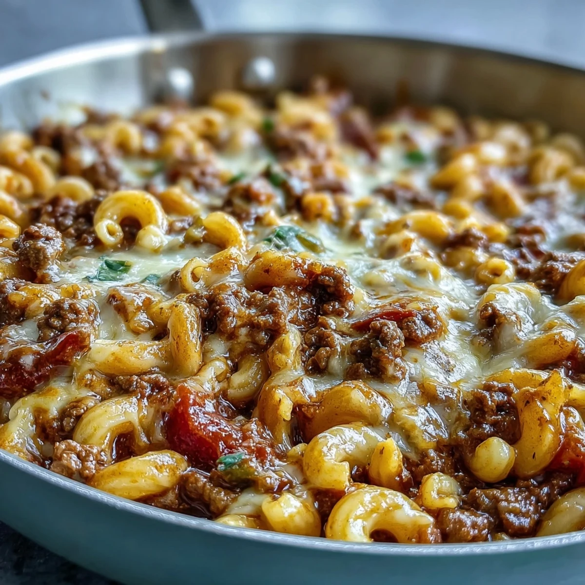 Sizzling lean ground beef and diced onions simmer with elbow macaroni in a rich, cheesy sauce in a single large skillet.