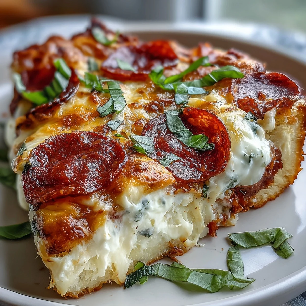 Golden-brown High-Protein Pizza Breakfast Casserole fresh from the oven, showing bubbly mozzarella and turkey pepperoni atop a Greek yogurt crust.