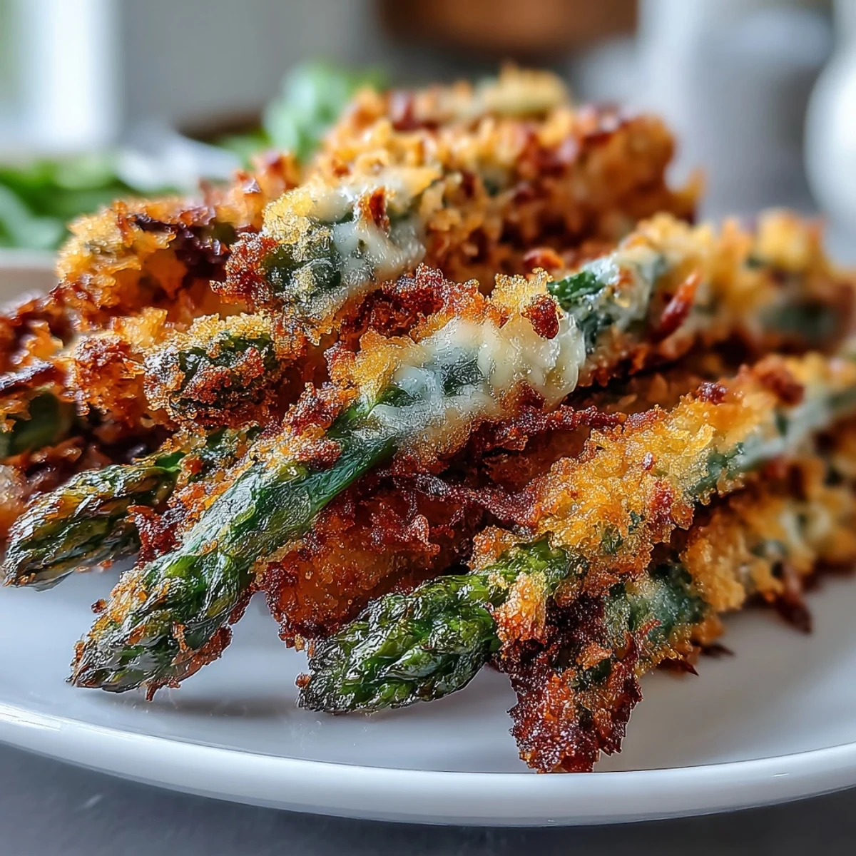 Golden-brown Crispy Chili-Garlic Asparagus Fries are arranged on a plate with a bowl of creamy sriracha mayo dip.