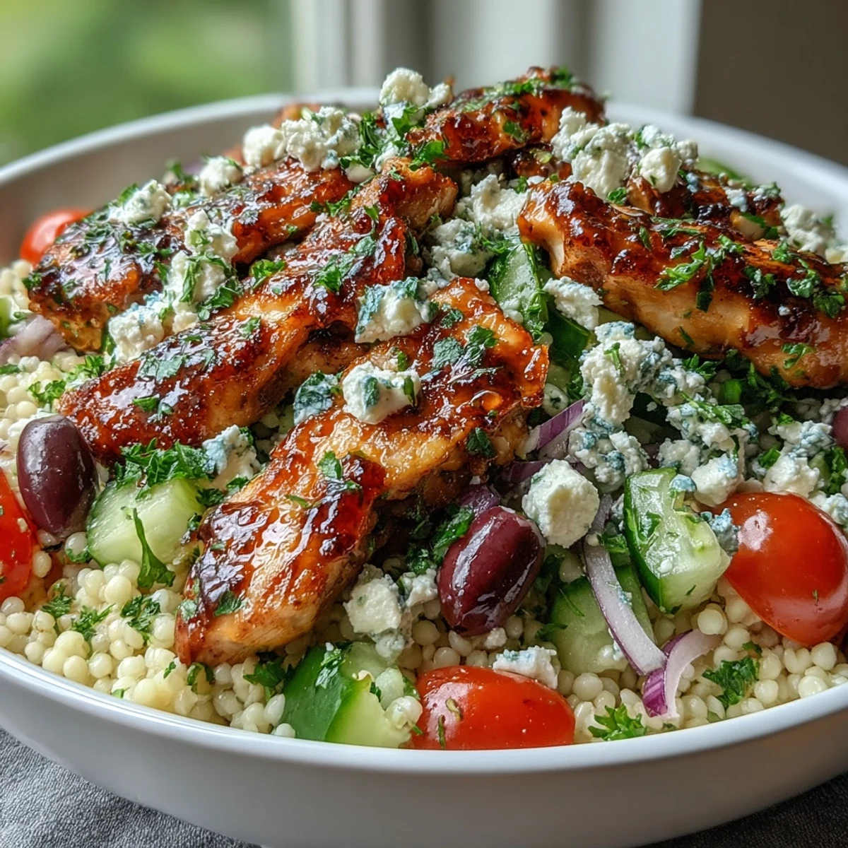 Golden Mediterranean Pearl Couscous Chicken Bowls with grilled lemon-oregano chicken, feta, and fresh veggies.