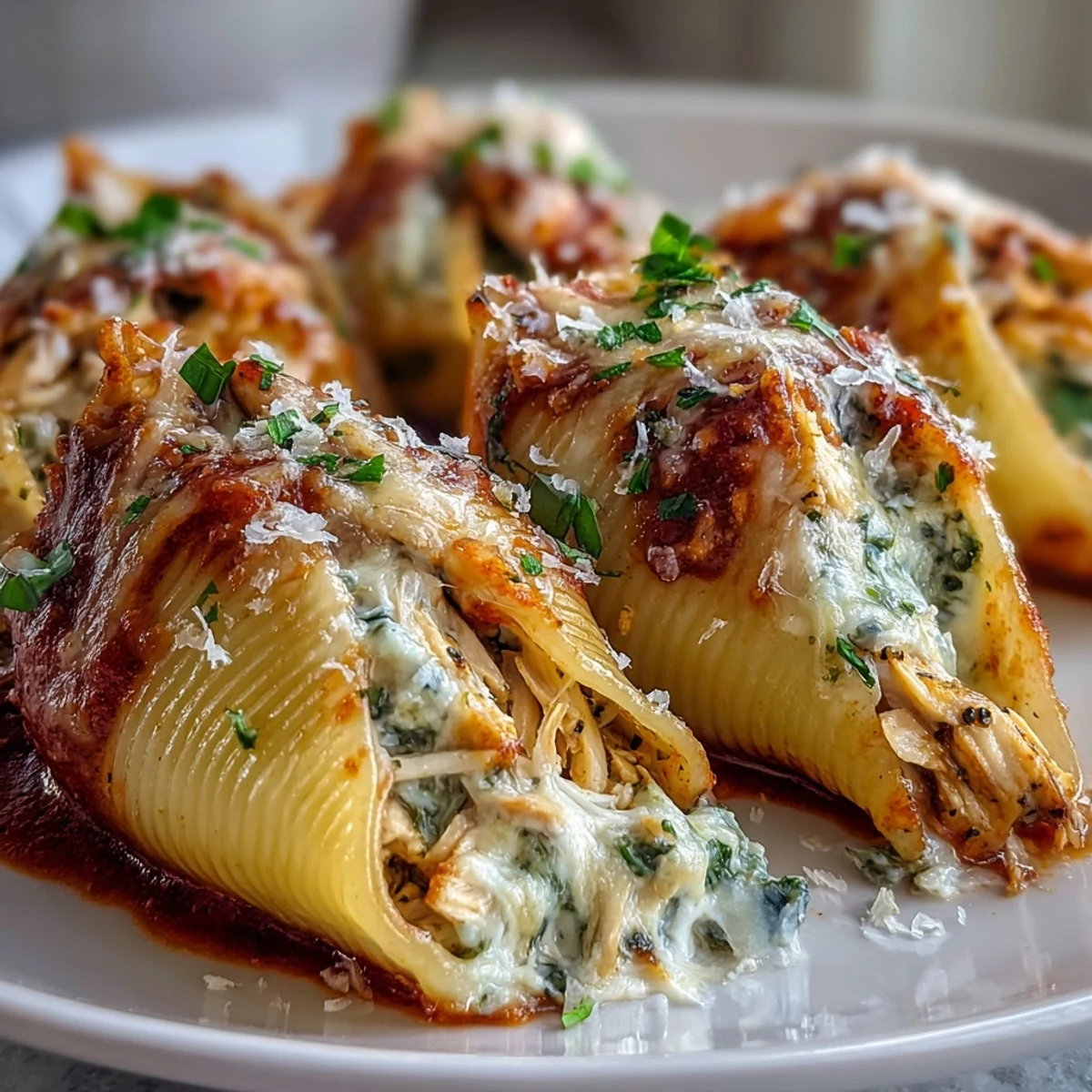 Freshly baked Pesto Chicken Stuffed Shells Lite sit in a ceramic dish, their cheesy tops bubbling with golden-brown spots.