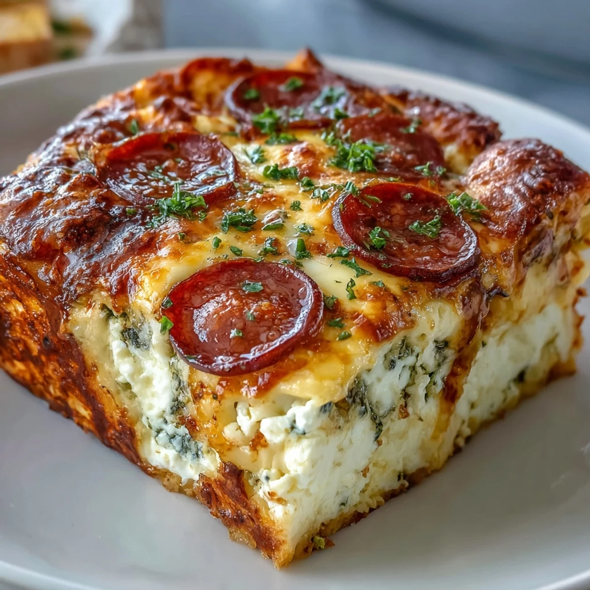 Golden, bubbly cheese covers the fluffy egg and turkey pepperoni High-Protein Pizza Breakfast Casserole.