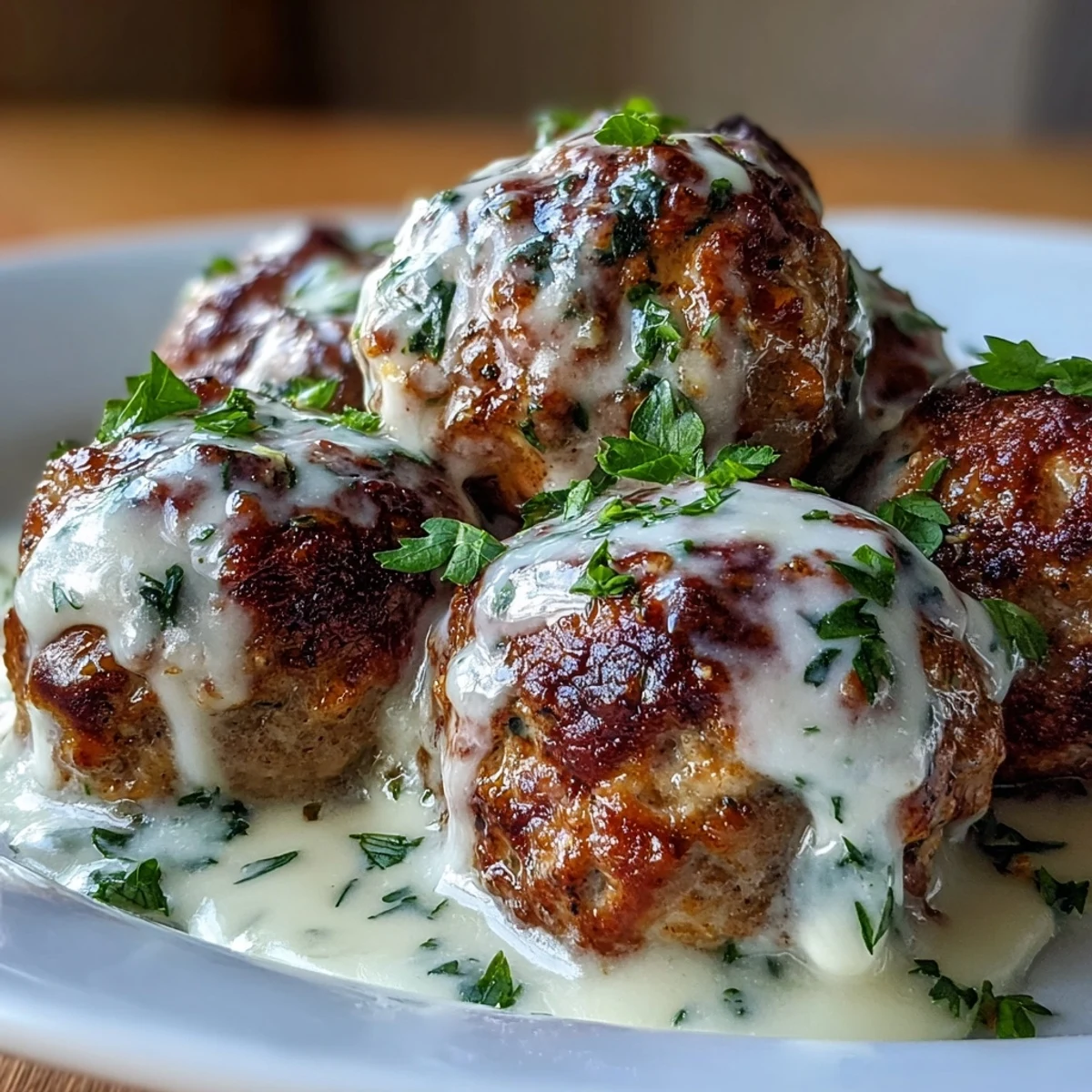 Tender Creamy Garlic Ranch Turkey Meatballs simmer in a rich garlic cream sauce, served hot over mashed potatoes.