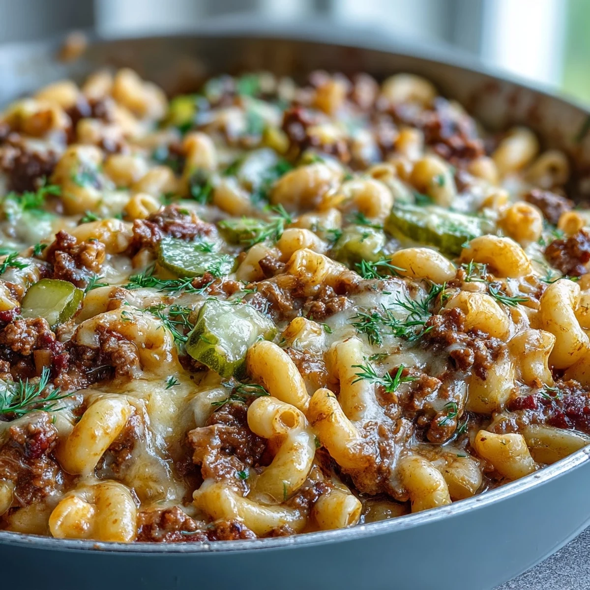 One-Pan Cheeseburger Chili Mac in a skillet, topped with melted sharp cheddar and chopped dill pickles. A hearty weeknight dinner.