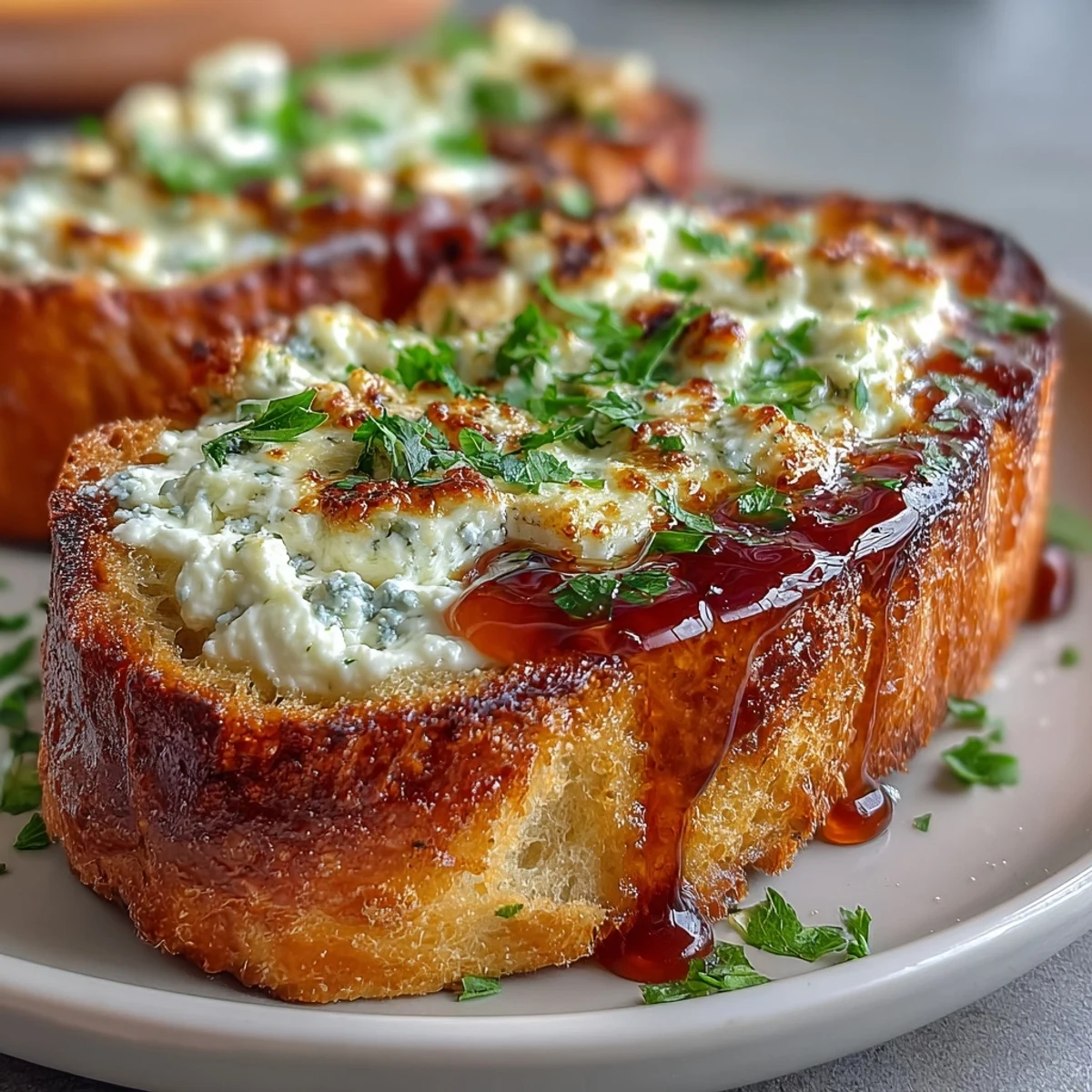 Freshly chopped parsley and melted Parmesan cheese top this rustic Hot Honey Ricotta Garlic Bread, served warm with a glass of white wine.