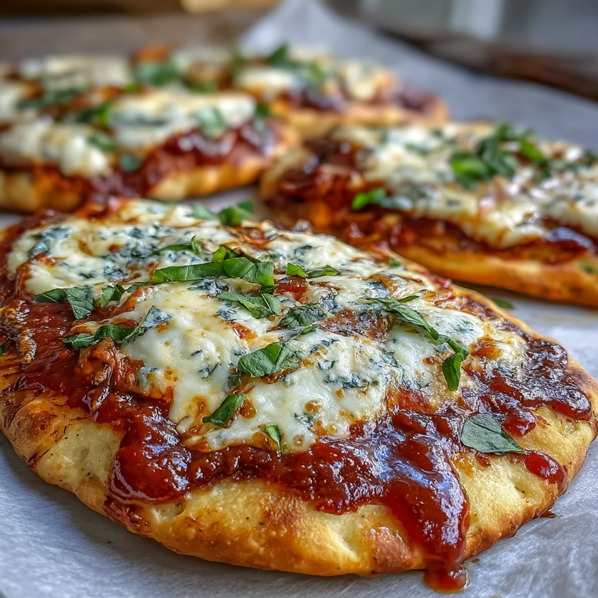 Close-up of one Garlic Naan Margherita Pizza slice, showcasing rich marinara sauce and fragrant garlic butter crust.