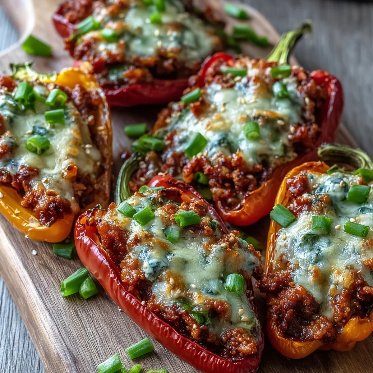 Korean-Style Turkey Stuffed Sweet Peppers with gooey melted cheese and toasted sesame seeds on a platter.