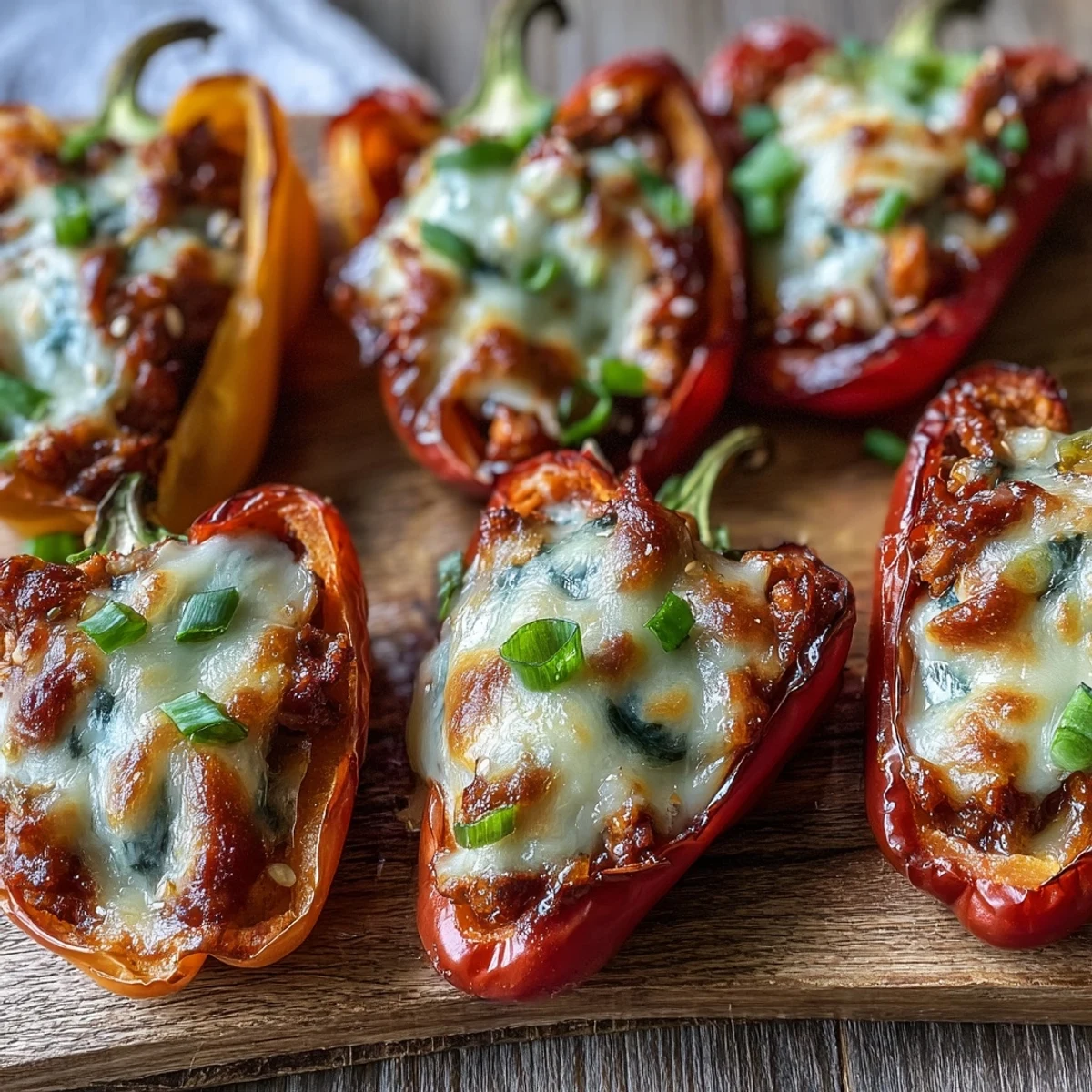 Twelve golden-baked mini peppers filled with savory Korean-spiced turkey, served warm for a colorful appetizer.