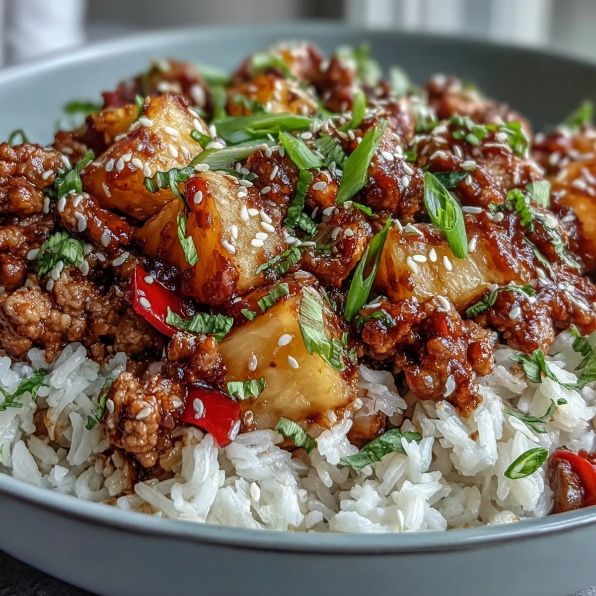 A close-up of the Sweet-and-Sour Turkey Rice Skillet highlights saucy pineapple chunks, vibrant bell peppers, and toasted sesame seeds over steamy rice.