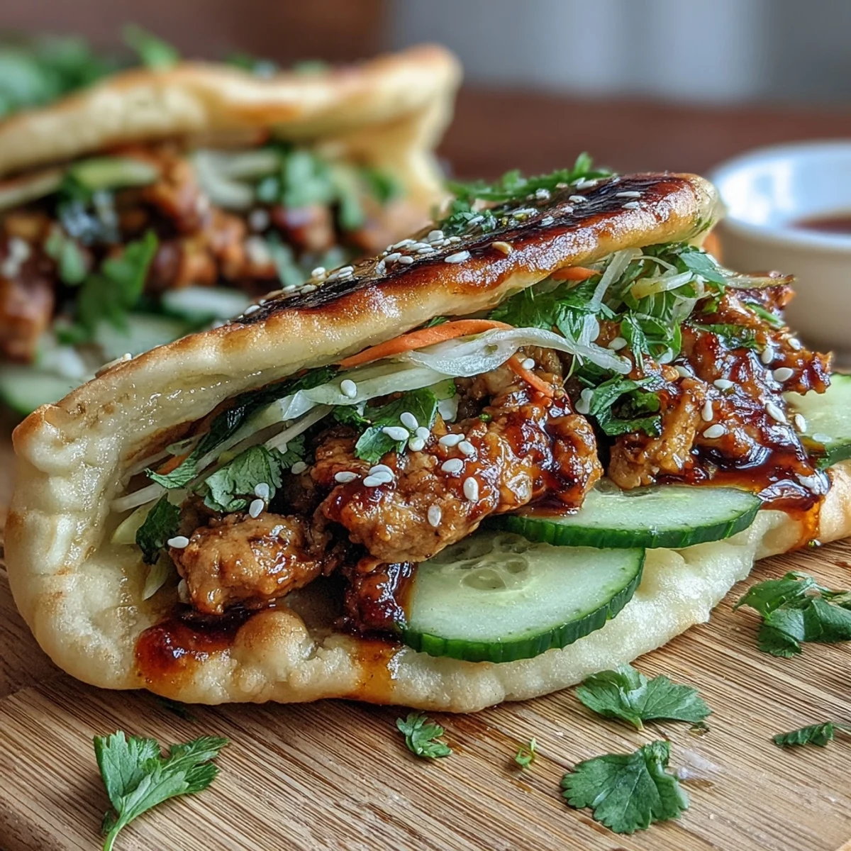 Freshly warmed naan bread stuffed with Korean-spiced ground turkey and crisp cucumber slices, drizzled with spicy gochujang mayo for a handheld fusion meal.