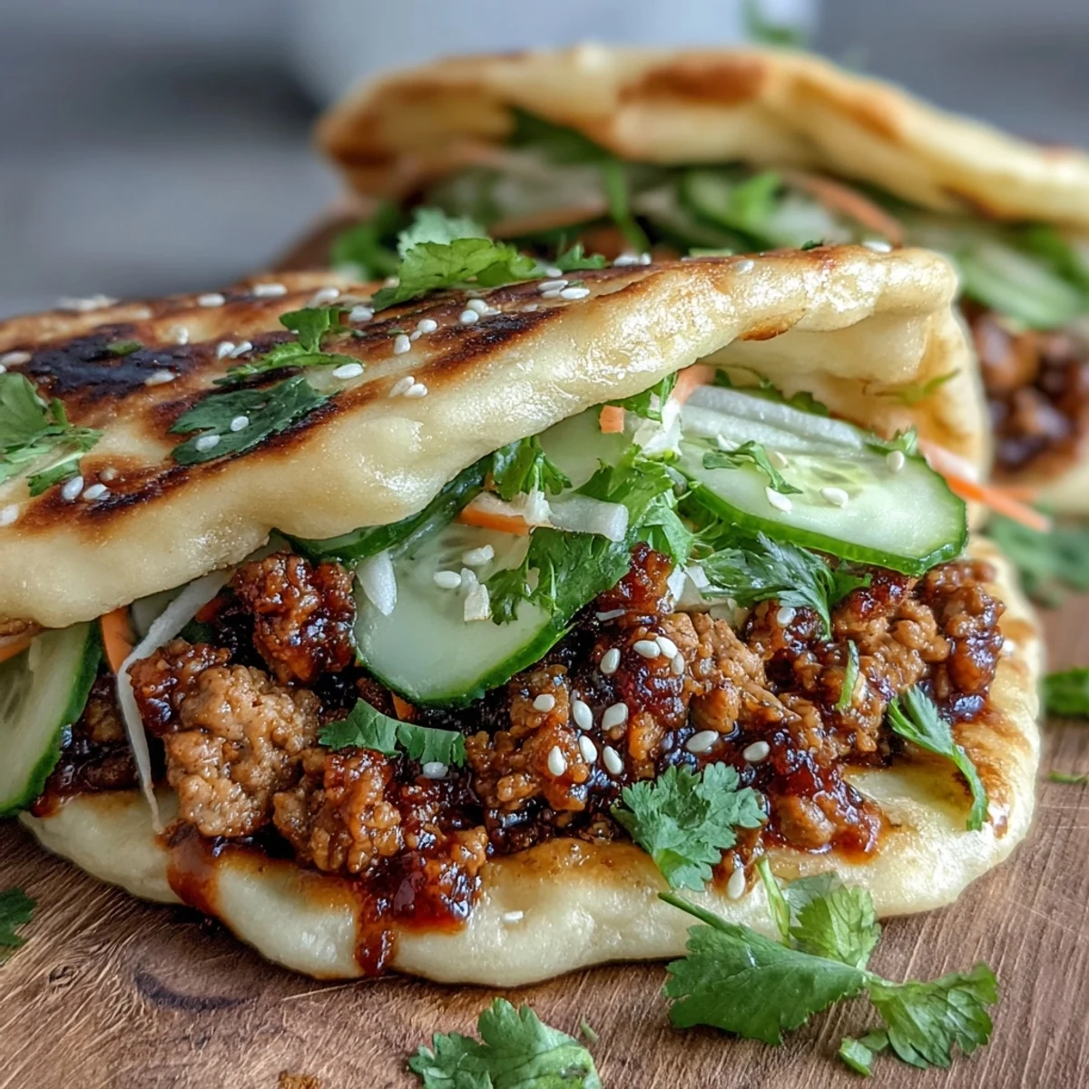 Savory Korean Turkey Stuffed Naan Pockets served with lime wedges, showcasing juicy turkey, fresh veggies, and a glossy spicy mayo drizzle.