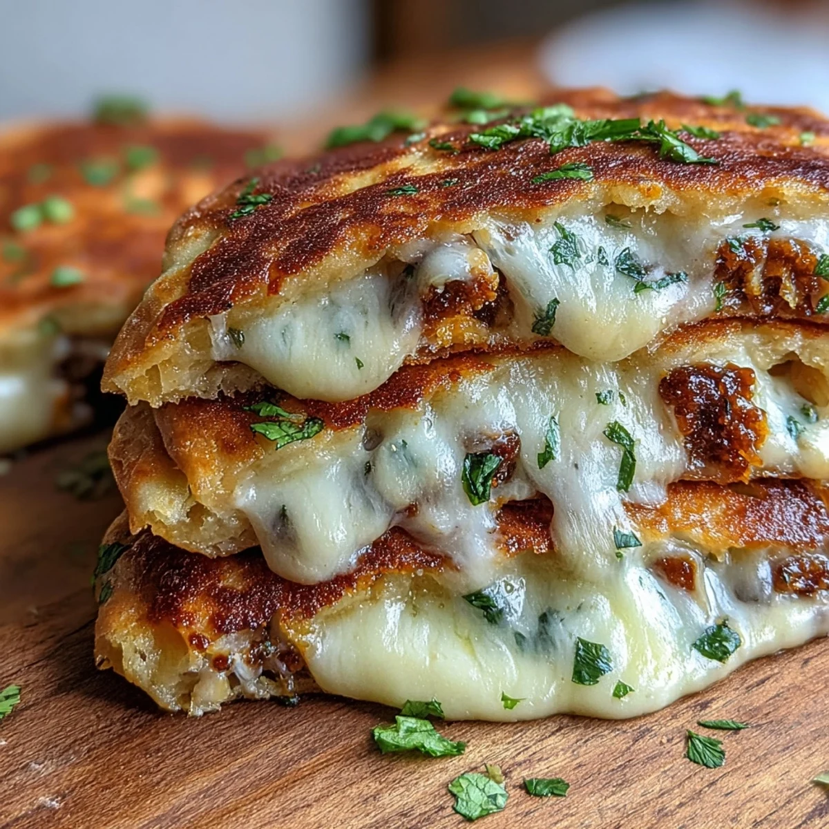 A close-up view shows fresh parsley sprinkled over a crispy, sliced Brown Butter Garlic Naan Grilled Cheese.