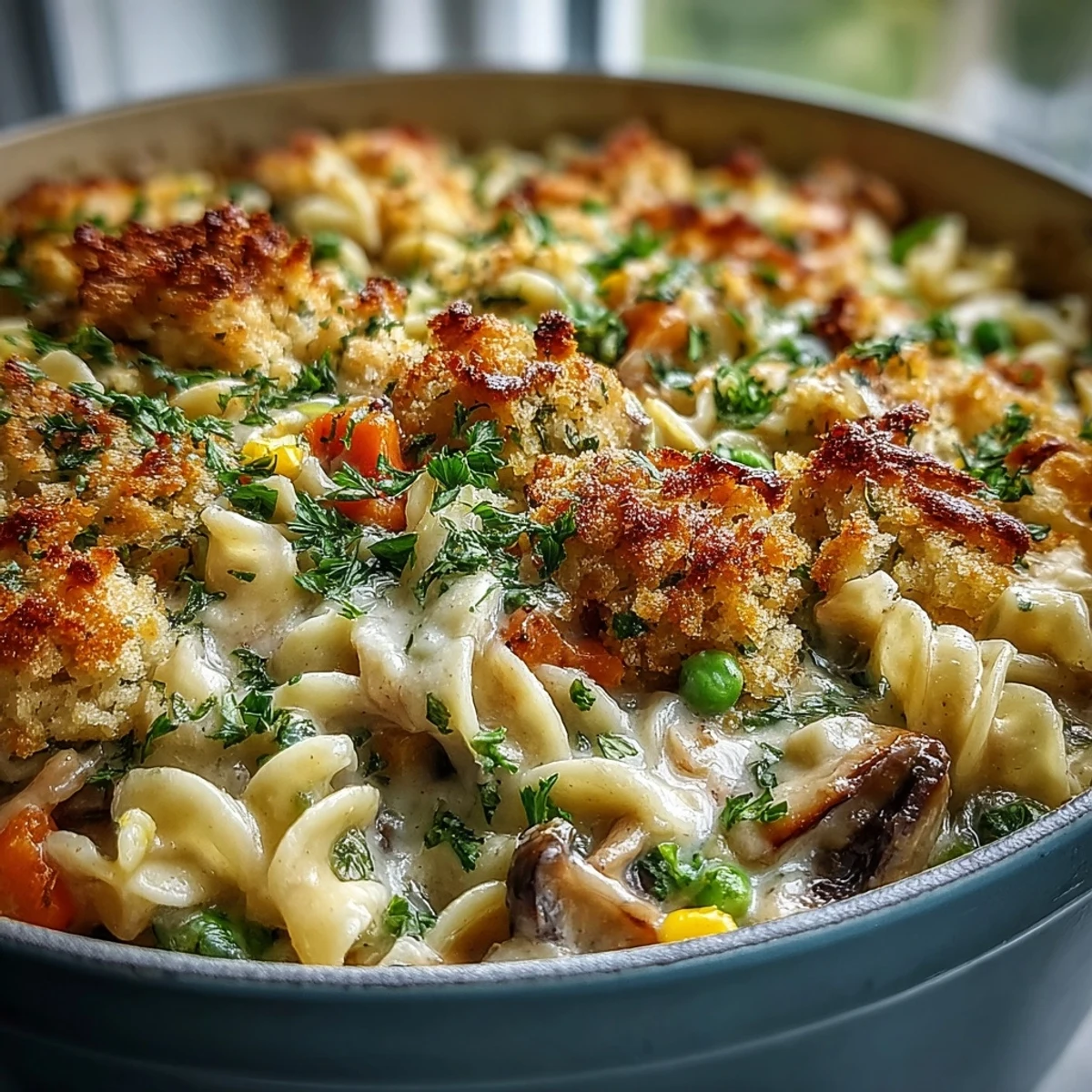 Creamy Veggie Pot Pie Pasta emerges from the oven with a golden, buttery biscuit crumb topping over tender pasta.