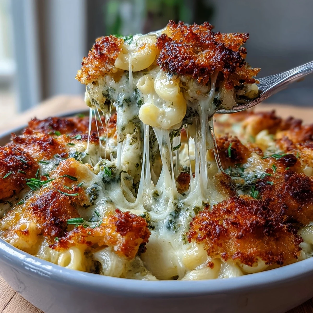 Freshly baked Baked Pesto Chicken Mac & Cheese bubbling in a dish, featuring golden panko topping and a wooden serving spoon ready to scoop.