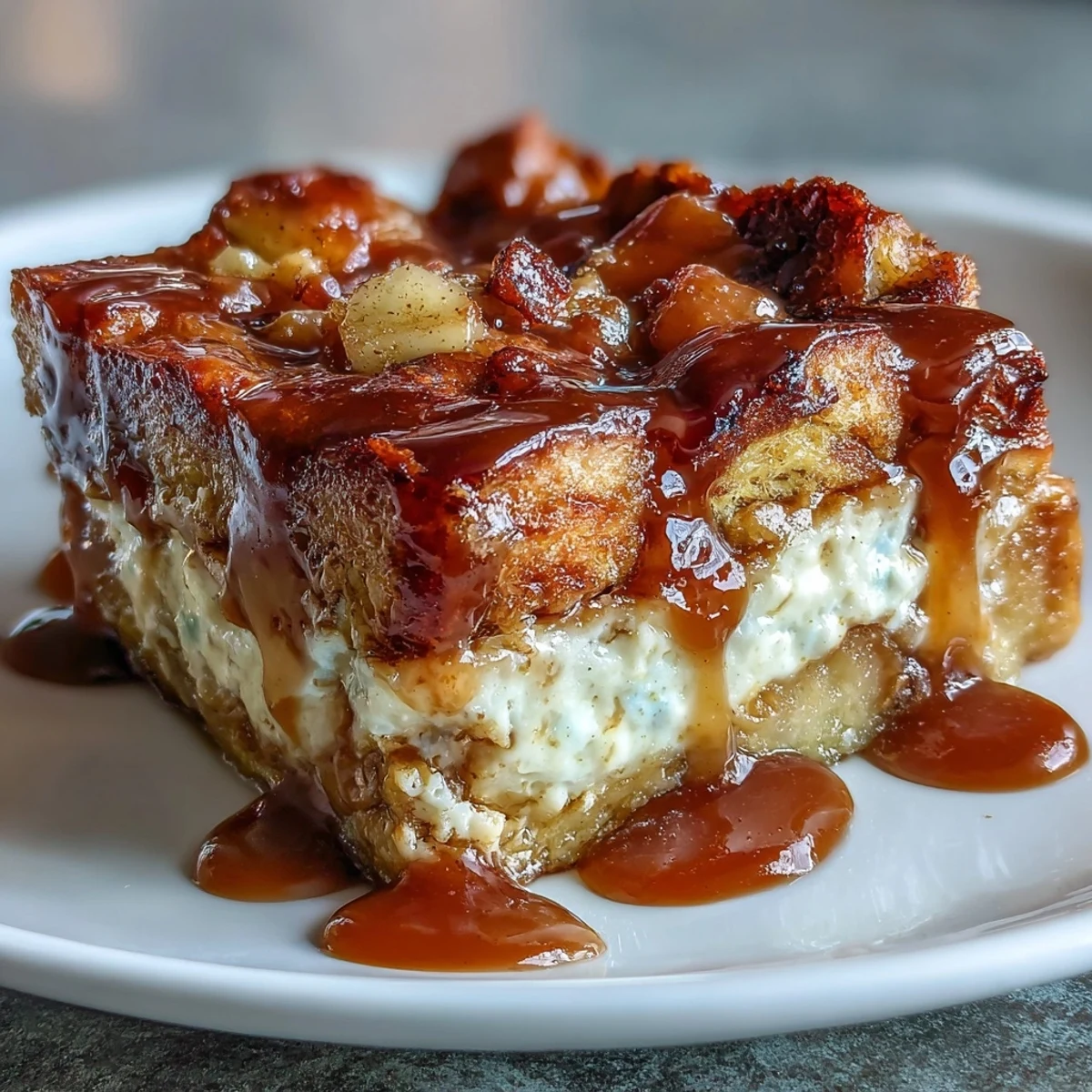 Golden slices of Caramel Apple Cheesecake Bread Pudding are drizzled with extra caramel sauce and served warm, topped with a dollop of whipped cream.