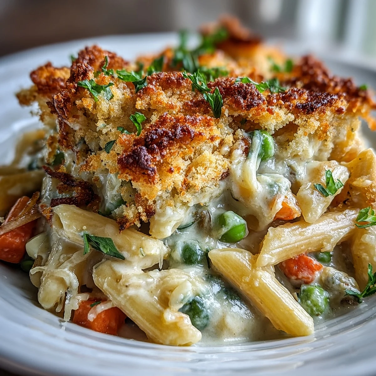 Creamy Veggie Pot Pie Pasta with golden biscuit crumb topping steaming from the oven in a rustic Dutch oven.