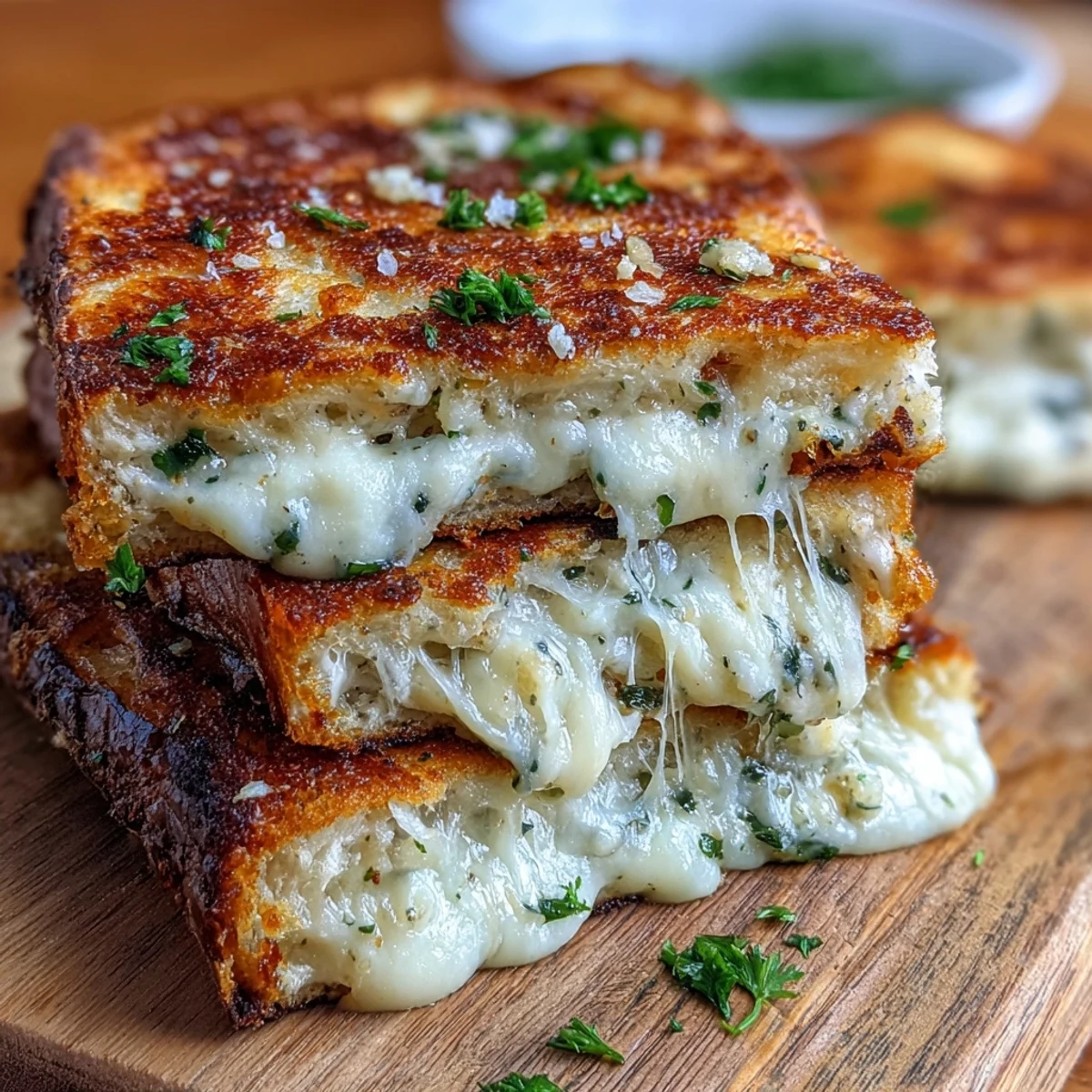 Golden-brown Brown Butter Garlic Naan Grilled Cheese slices reveal melted mozzarella stretching between crispy naan bread.
