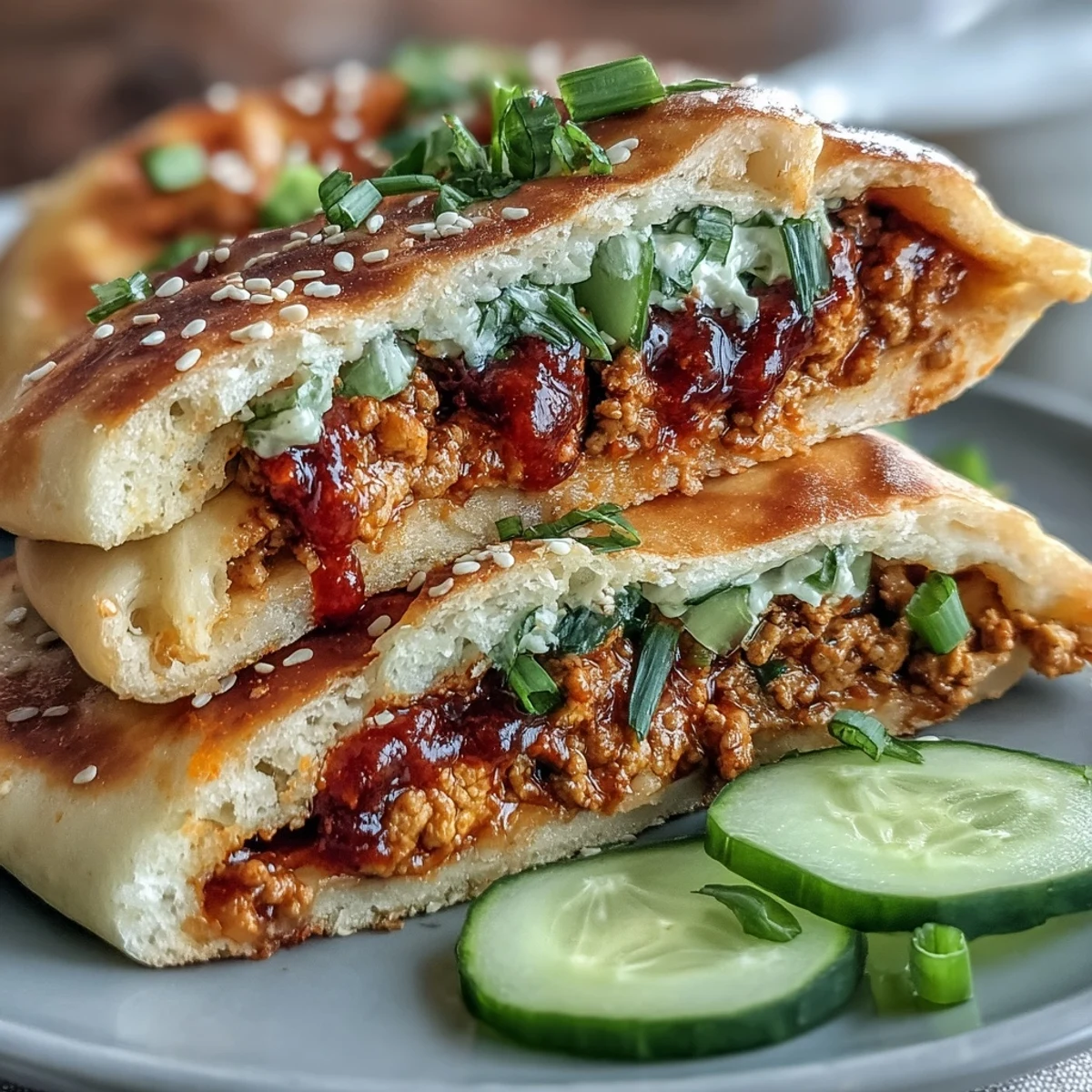 Golden-brown, warm naan pockets overflowing with savory Korean spiced ground turkey, crisp cucumber slices, and shredded carrots.