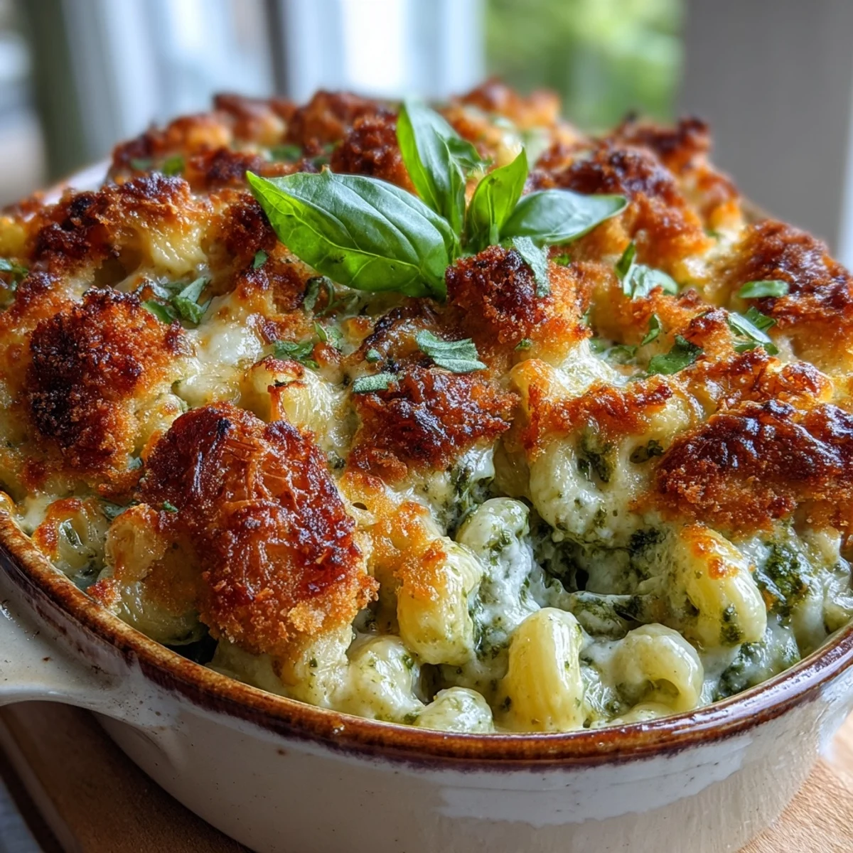 Golden, bubbly Baked Pesto Chicken Mac & Cheese casserole served hot from the oven.