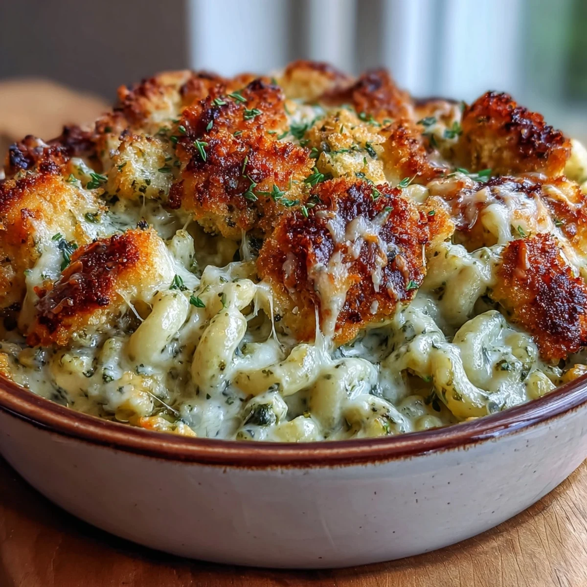 Creamy Baked Pesto Chicken Mac & Cheese with a crispy panko Parmesan topping.