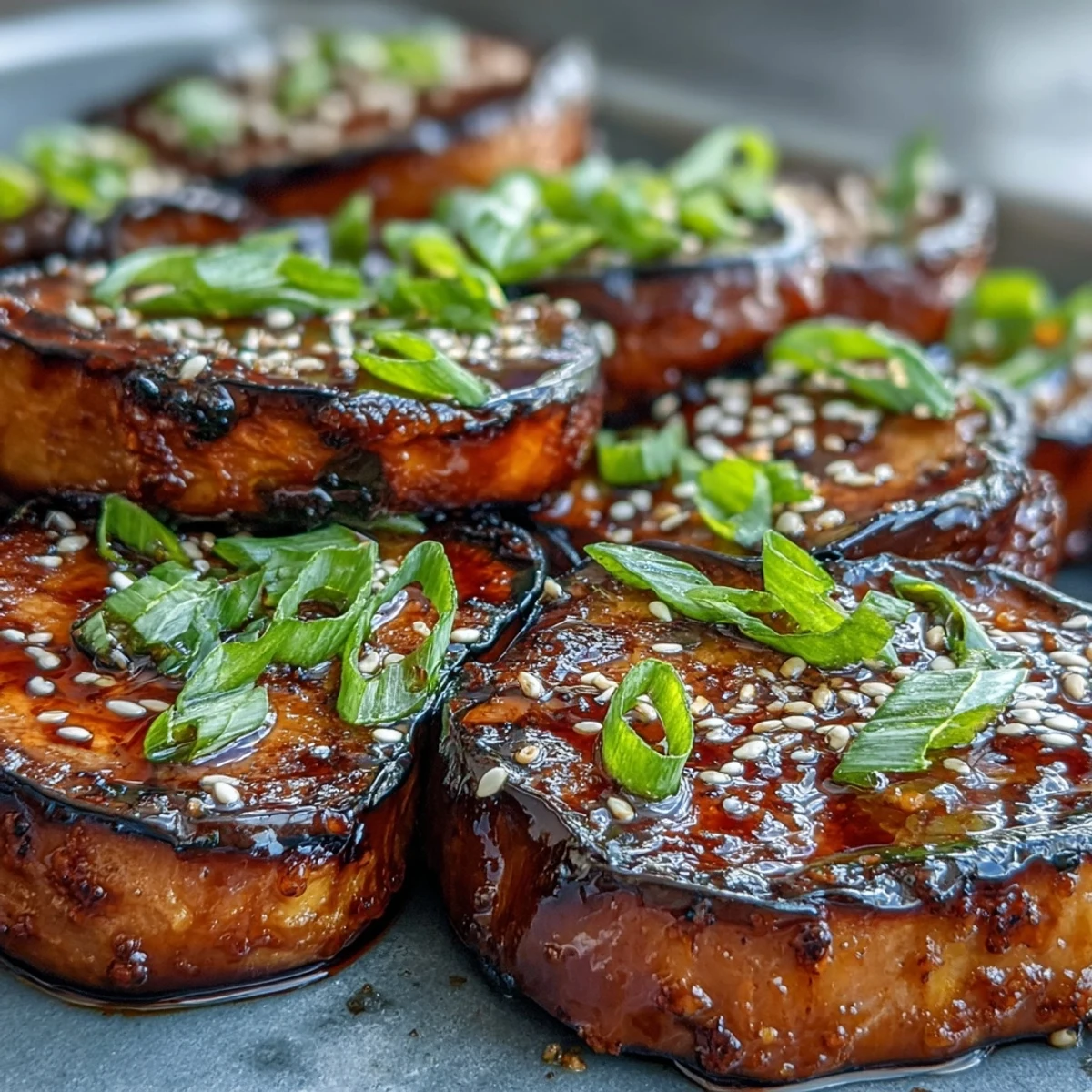 Close-up of tender Miso-Glazed Eggplant Steaks brushed with a sticky, umami-rich glaze and toasted sesame seeds.