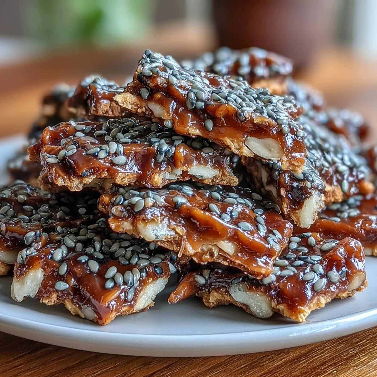Homemade Black Sesame Brittle with dark seeds in golden caramel, ready to be enjoyed.