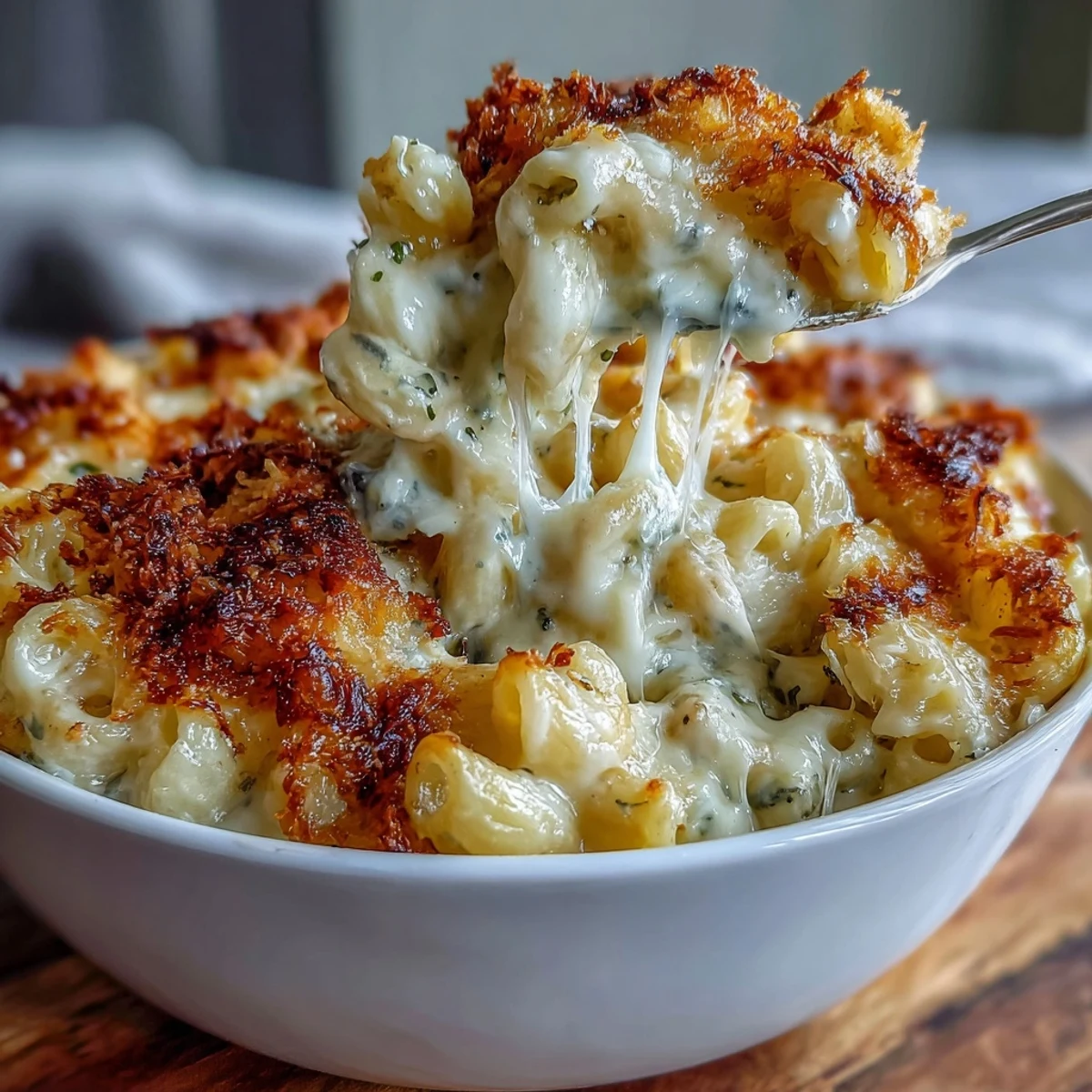 A rich four-cheese sauce glistens on the pasta, with shaved black truffle visible on top.