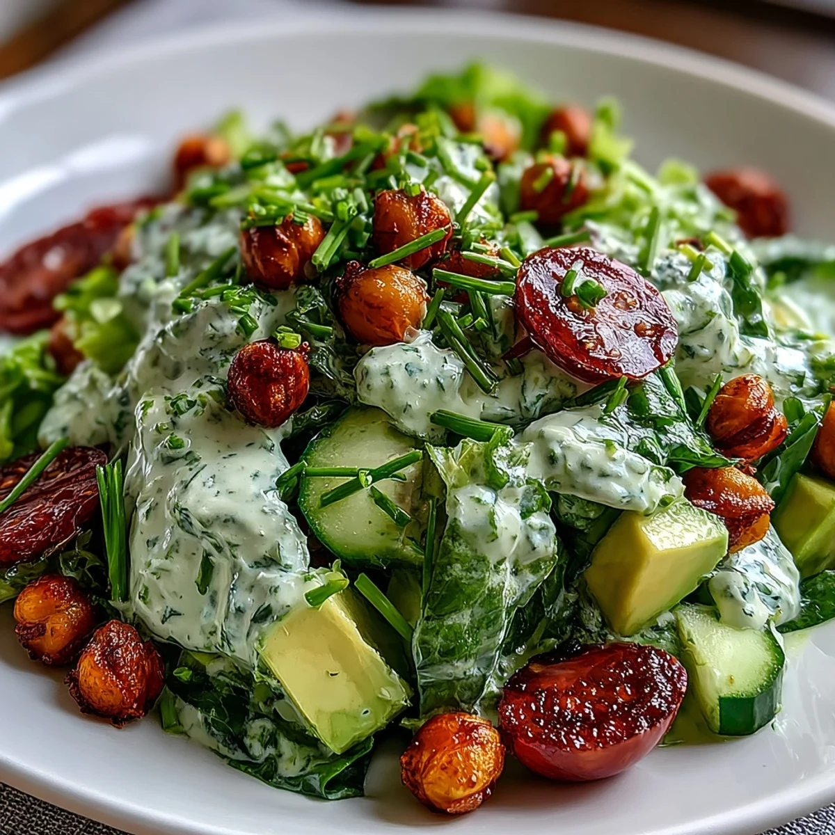Freshly tossed pistachio green goddess salad with creamy avocado and crispy chickpeas on a bed of crisp romaine.