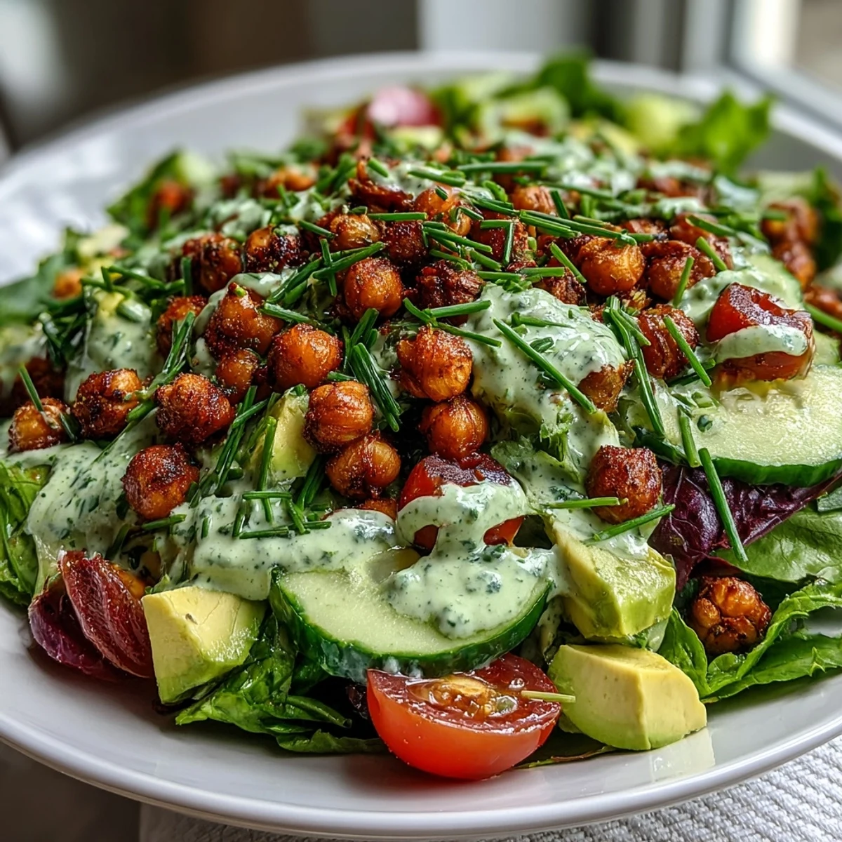 Close-up of pistachio green goddess salad with diced avocado, cucumber, and cherry tomatoes drizzled in herbaceous dressing.