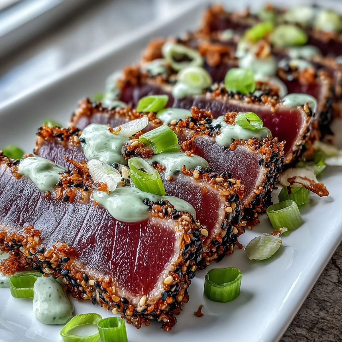 Close-up of Black Sesame Seed Crusted Tuna, showing toasted sesame crust and creamy Wasabi Mayo beside sliced lemon.