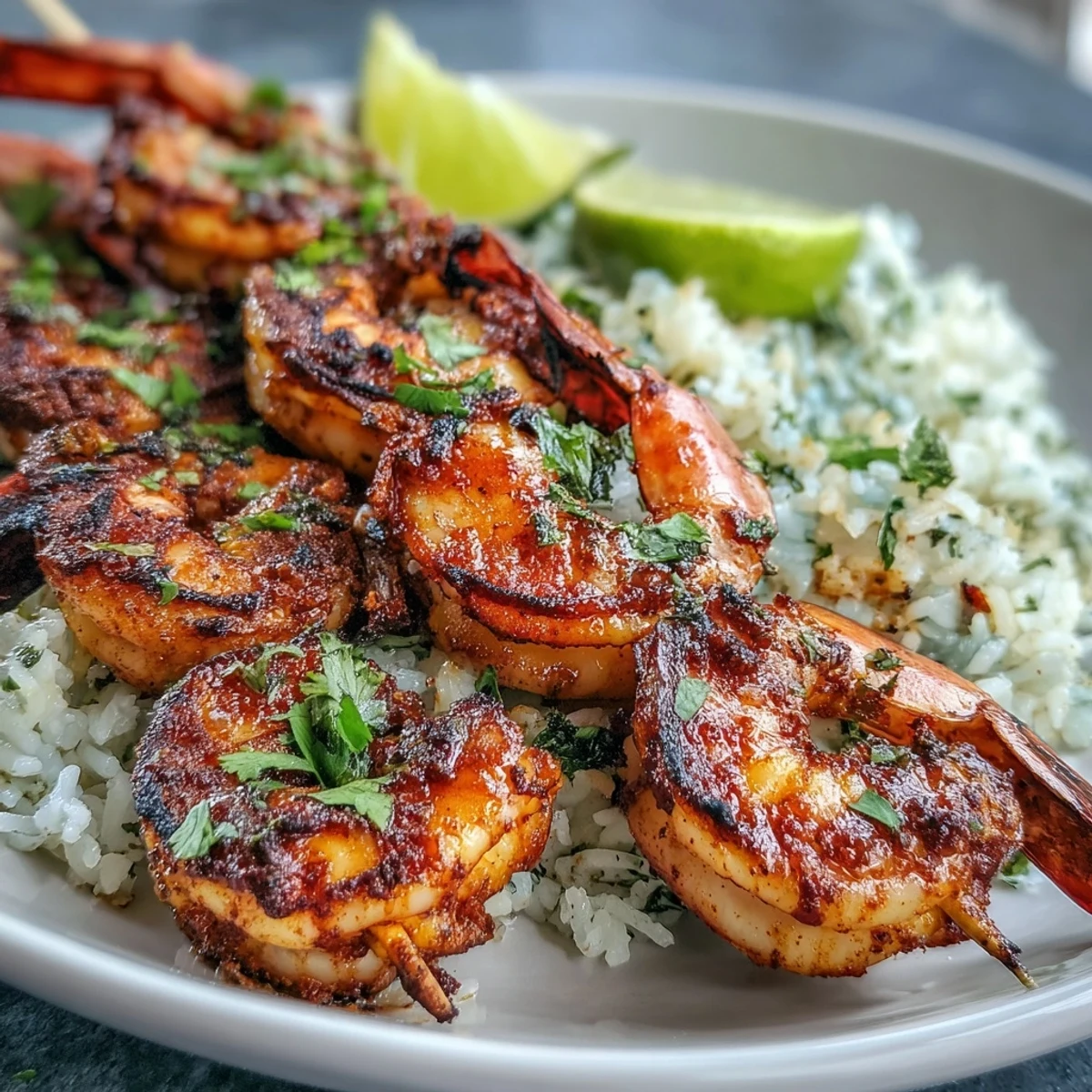 Grilled Jerk Seasoning Shrimp Skewers are plated over fluffy coconut rice with fresh lime wedges and cilantro for a tropical dinner.