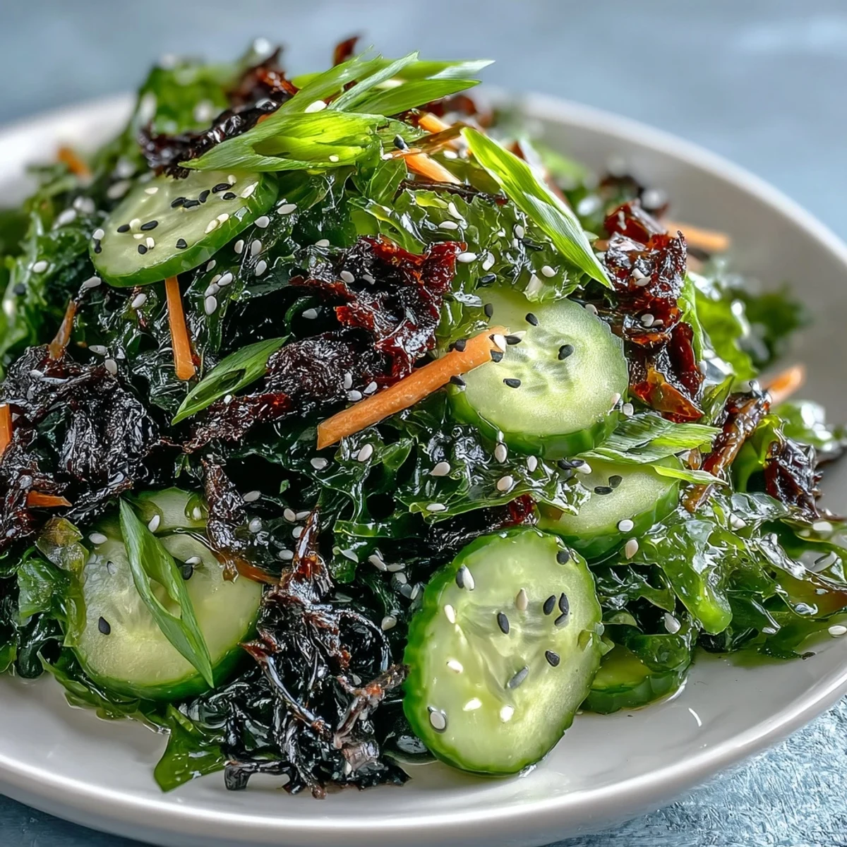Crispy seaweed and vibrant mixed greens in the Seaweed & Nori Crunchy Salad, drizzled with ginger-soy dressing for a refreshing bite.