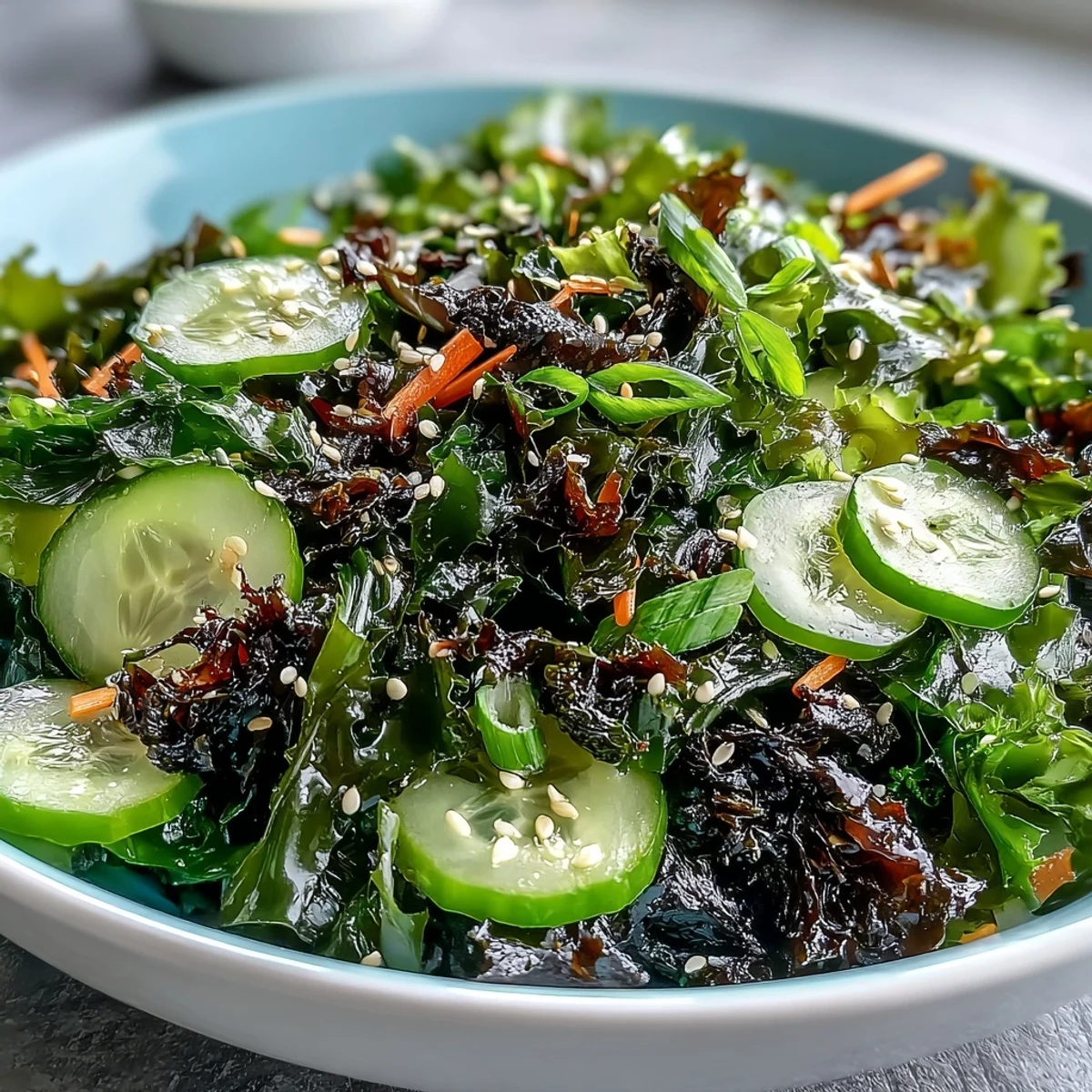 Torn roasted nori sheets and julienned carrots top the Seaweed & Nori Crunchy Salad, sprinkled with toasted sesame seeds for added texture.