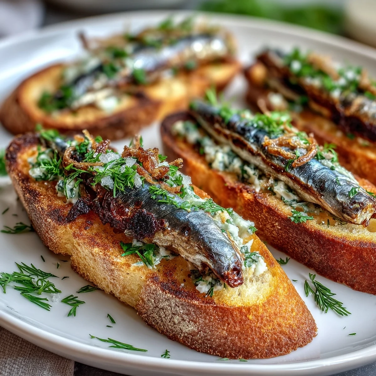 Freshly prepared Italian crostini with sardines and lemon, served as a vibrant appetizer.