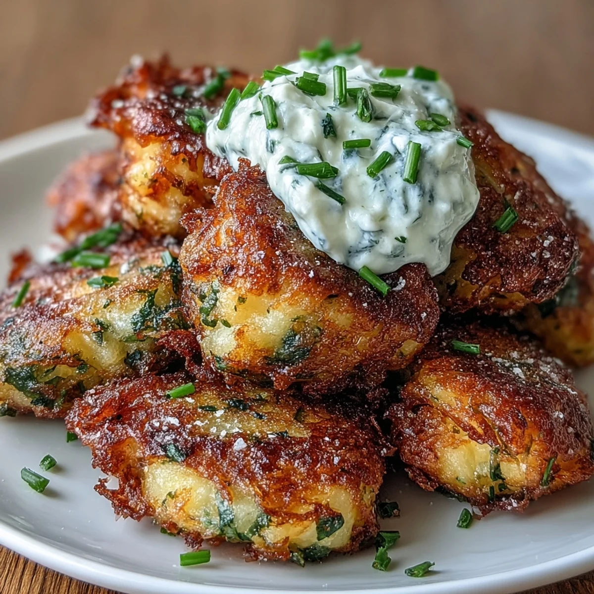 Crispy, golden-brown Smashed Potato & Herb Fritters are pan-fried and served warm with a dollop of sour cream and fresh chives.