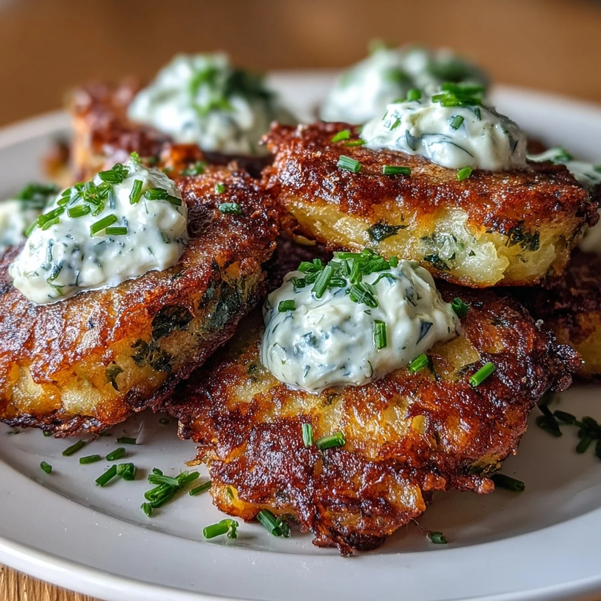A rustic serving platter features a stack of Smashed Potato & Herb Fritters, topped with cool sour cream and chives, ready to be enjoyed as a savory appetizer.