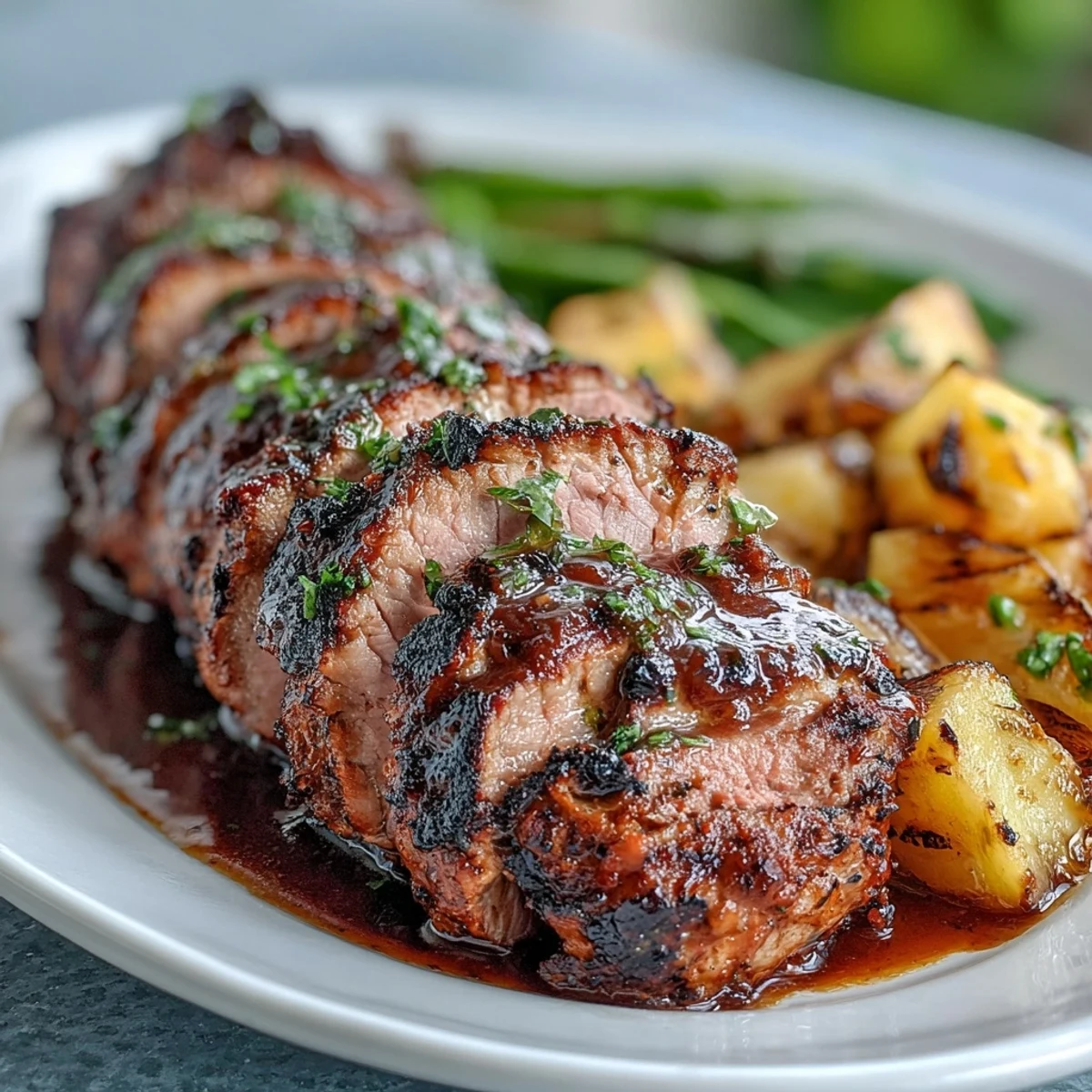 Sliced Jerk Pork Tenderloin reveals a juicy, spice-rubbed interior and caramelized crust, served over vibrant coconut rice and peas.