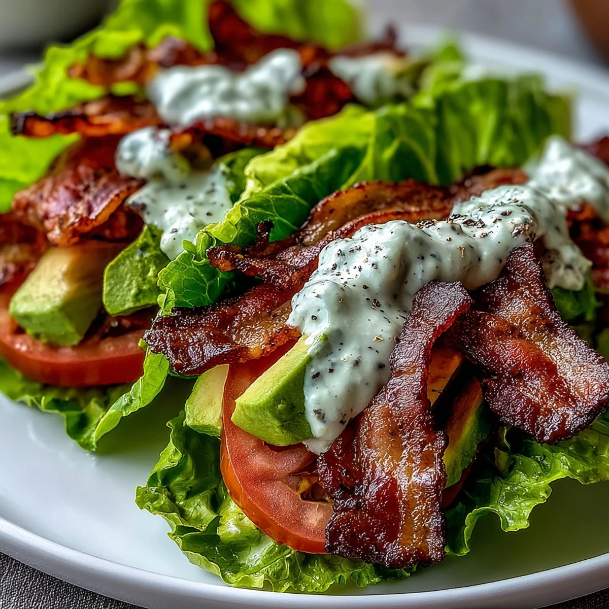 Crisp romaine holds bacon, tomato, and avocado in these Keto BLT Lettuce Wraps with Garlic Mayo and Cracked Pepper.