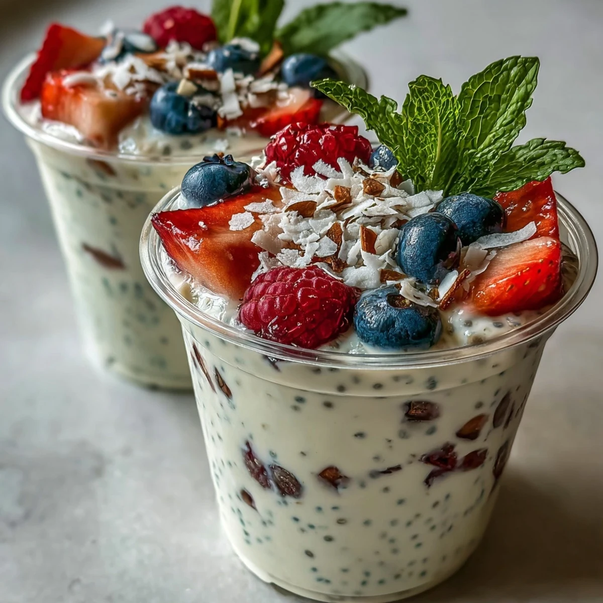 Layered Summer Berry Chia Pudding Meal Prep Cups topped with fresh mint and ripe berries, ready for a refreshing chilled snack.