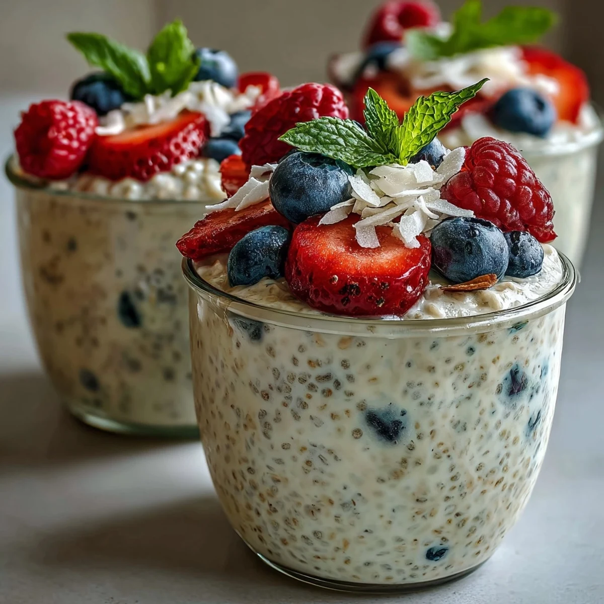 Creamy Summer Berry Chia Pudding Meal Prep Cups layered with vibrant fresh berries and coconut flakes, perfect for a healthy grab-and-go breakfast.