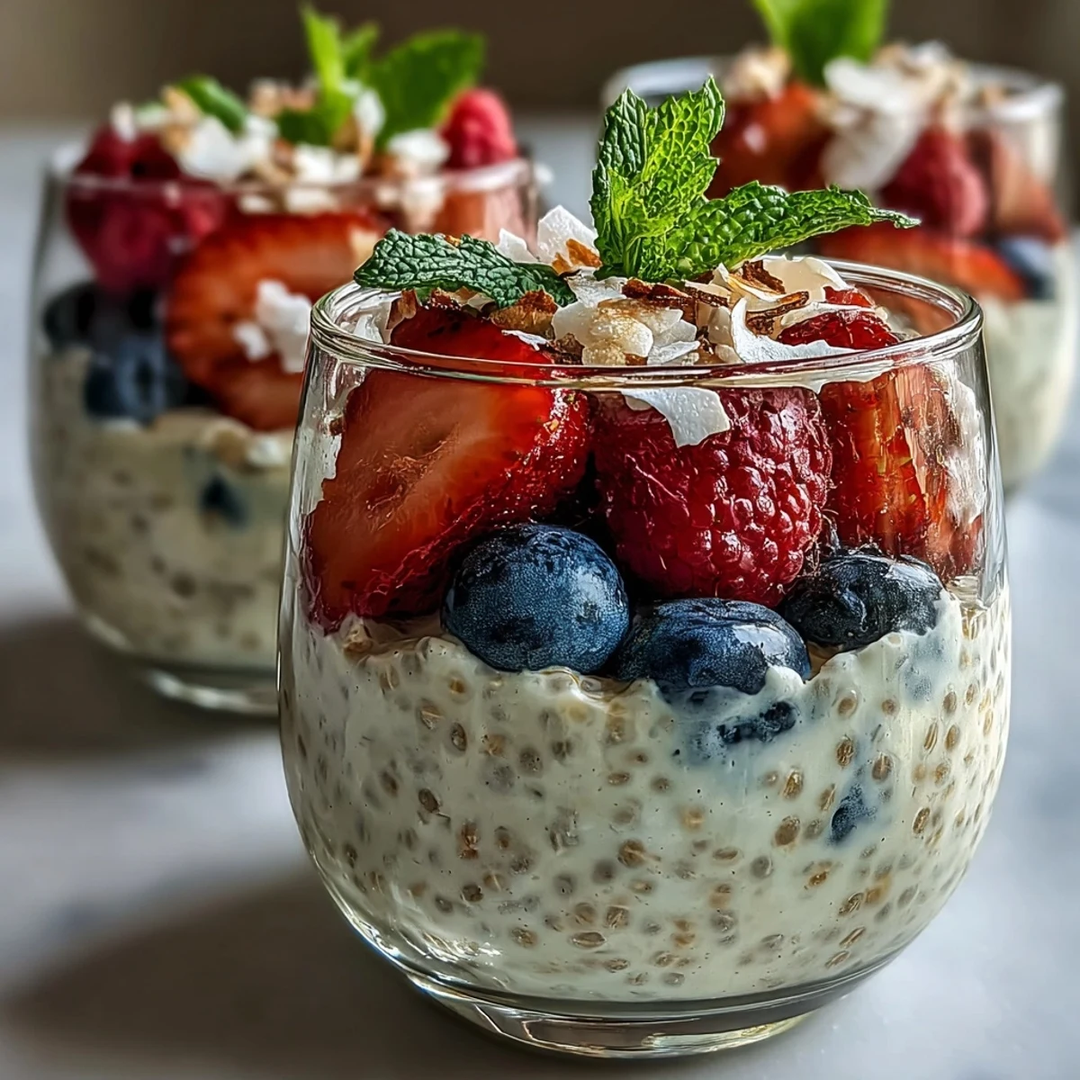 Make-ahead Summer Berry Chia Pudding Meal Prep Cups with mixed berries in glass jars, ideal for healthy meal prep or dessert.